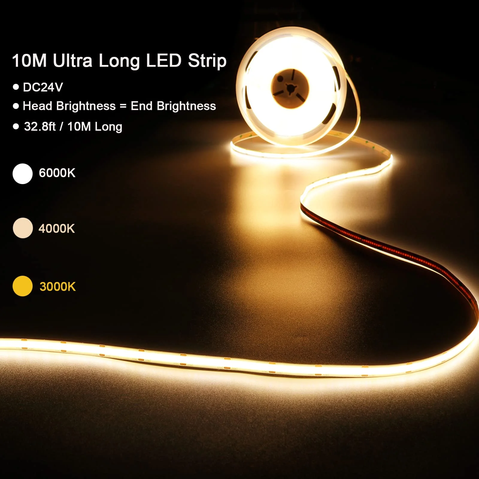 32.8ft(10M) 24V COB LED Strip Light Warm White 3000K 3840LEDs CRI 93+ 6800lm Uniform Glow Dotless IP20 Not Waterproof Flexible LED Tape Lights for DIY Cabinet Bedroom Home Decor(No Power Supply) 10 meters - Image 8