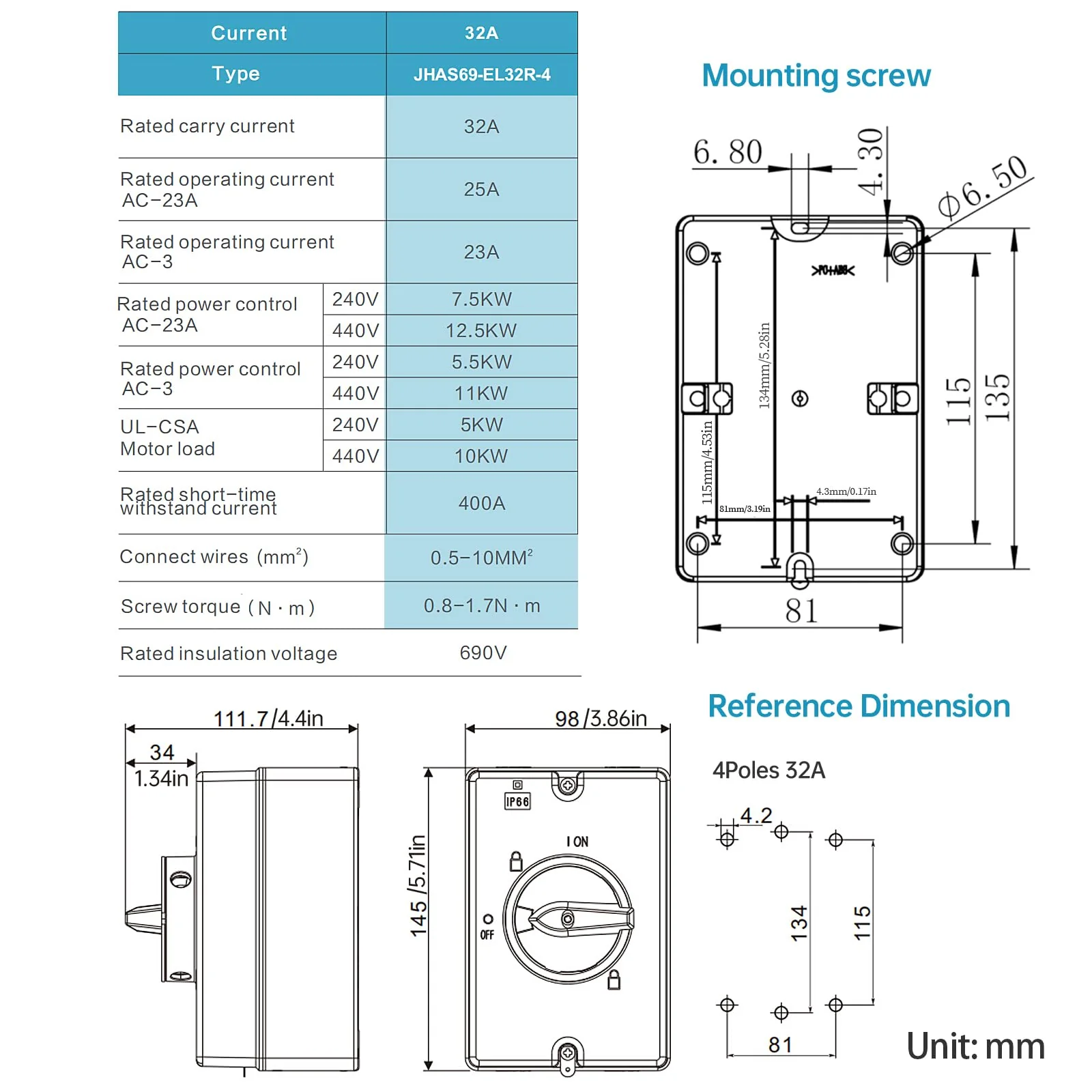 32 Amp AC Disconnect Switch Box Outdoor, 110V 220V 690V AC Isolator Switch, 4 Pole, IP66 Waterproof Isolation PV 3 Phase Disconnect Switch On Off 2 Position 32 Amp - Image 2