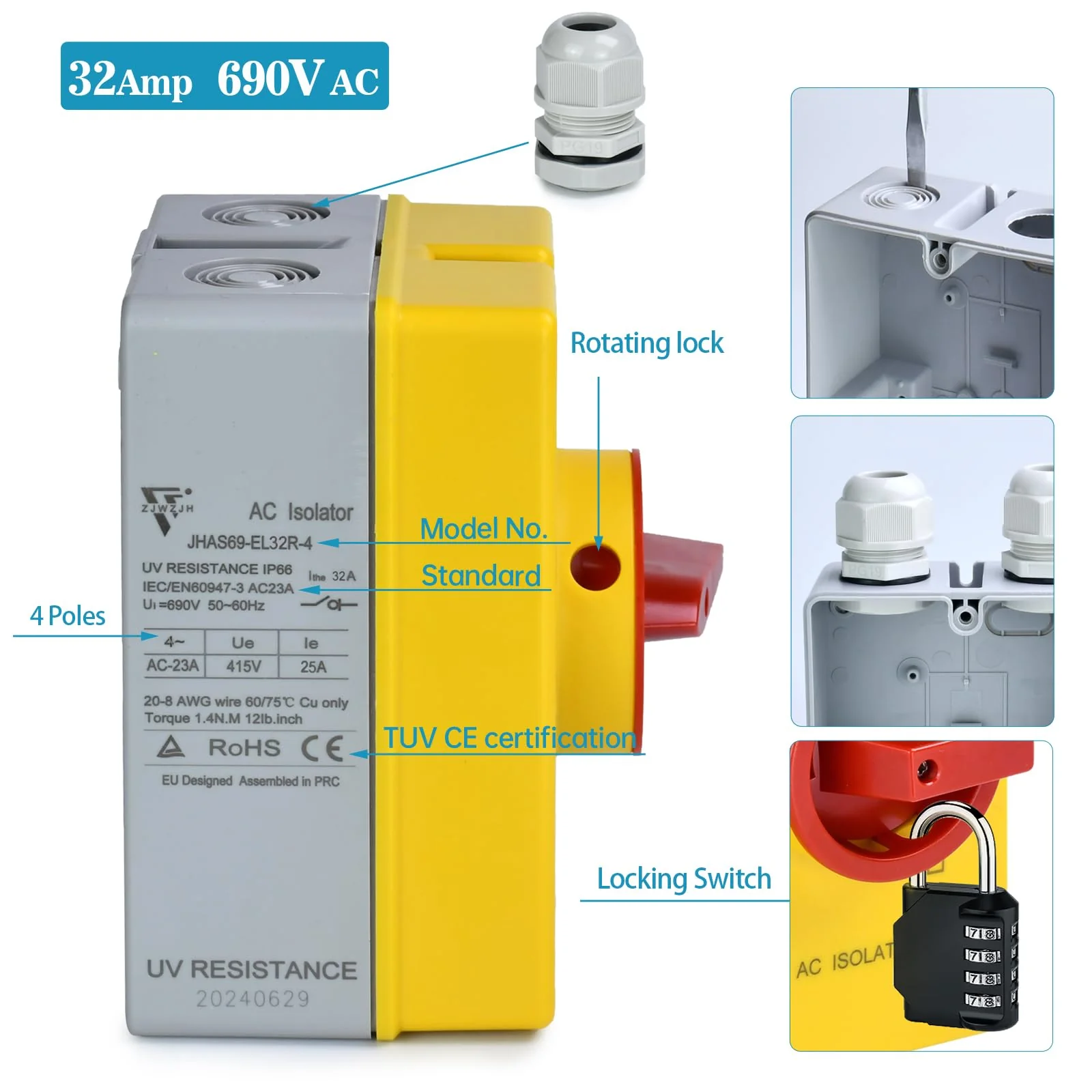 32 Amp AC Disconnect Switch Box Outdoor, 110V 220V 690V AC Isolator Switch, 4 Pole, IP66 Waterproof Isolation PV 3 Phase Disconnect Switch On Off 2 Position 32 Amp - Image 3