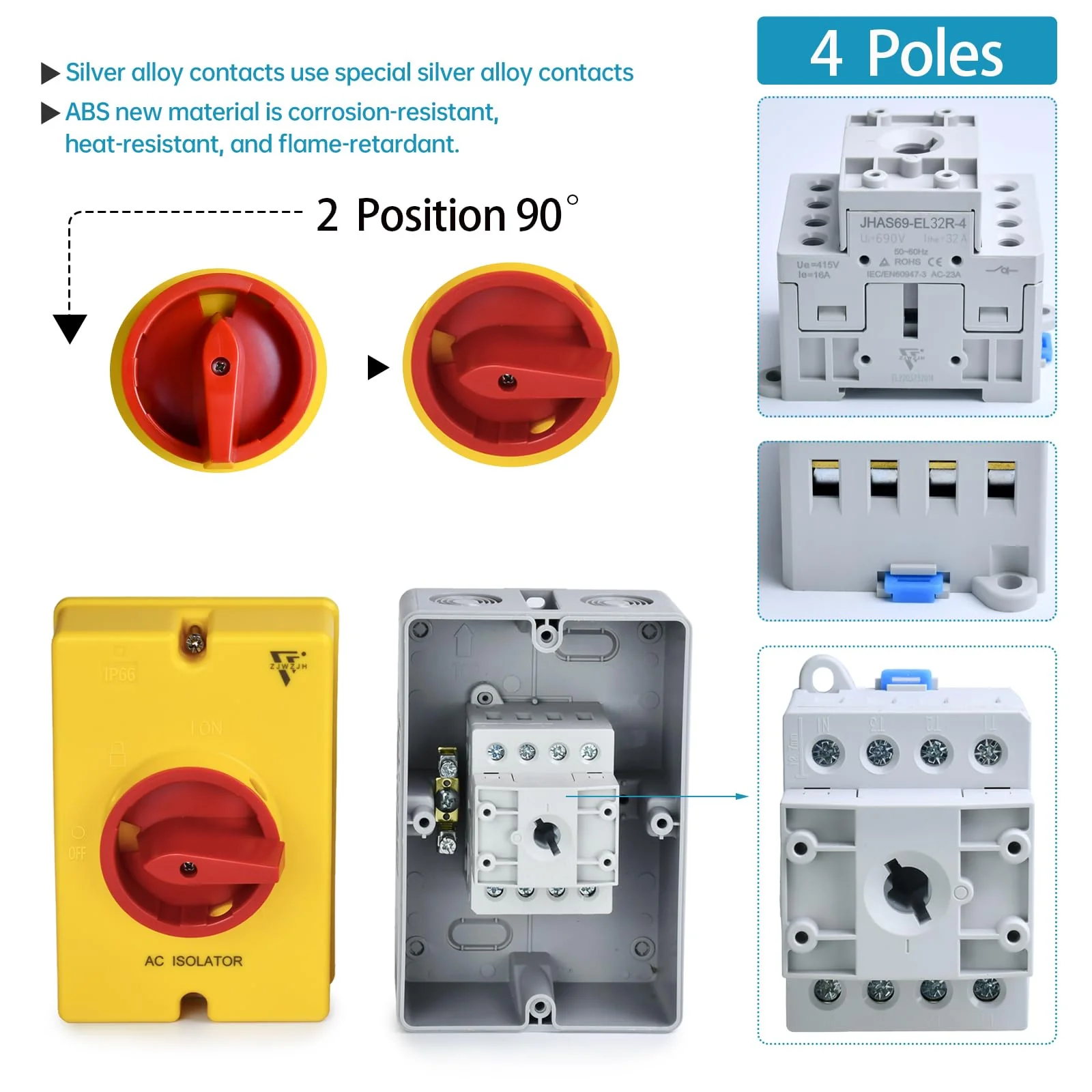 32 Amp AC Disconnect Switch Box Outdoor, 110V 220V 690V AC Isolator Switch, 4 Pole, IP66 Waterproof Isolation PV 3 Phase Disconnect Switch On Off 2 Position 32 Amp - Image 4