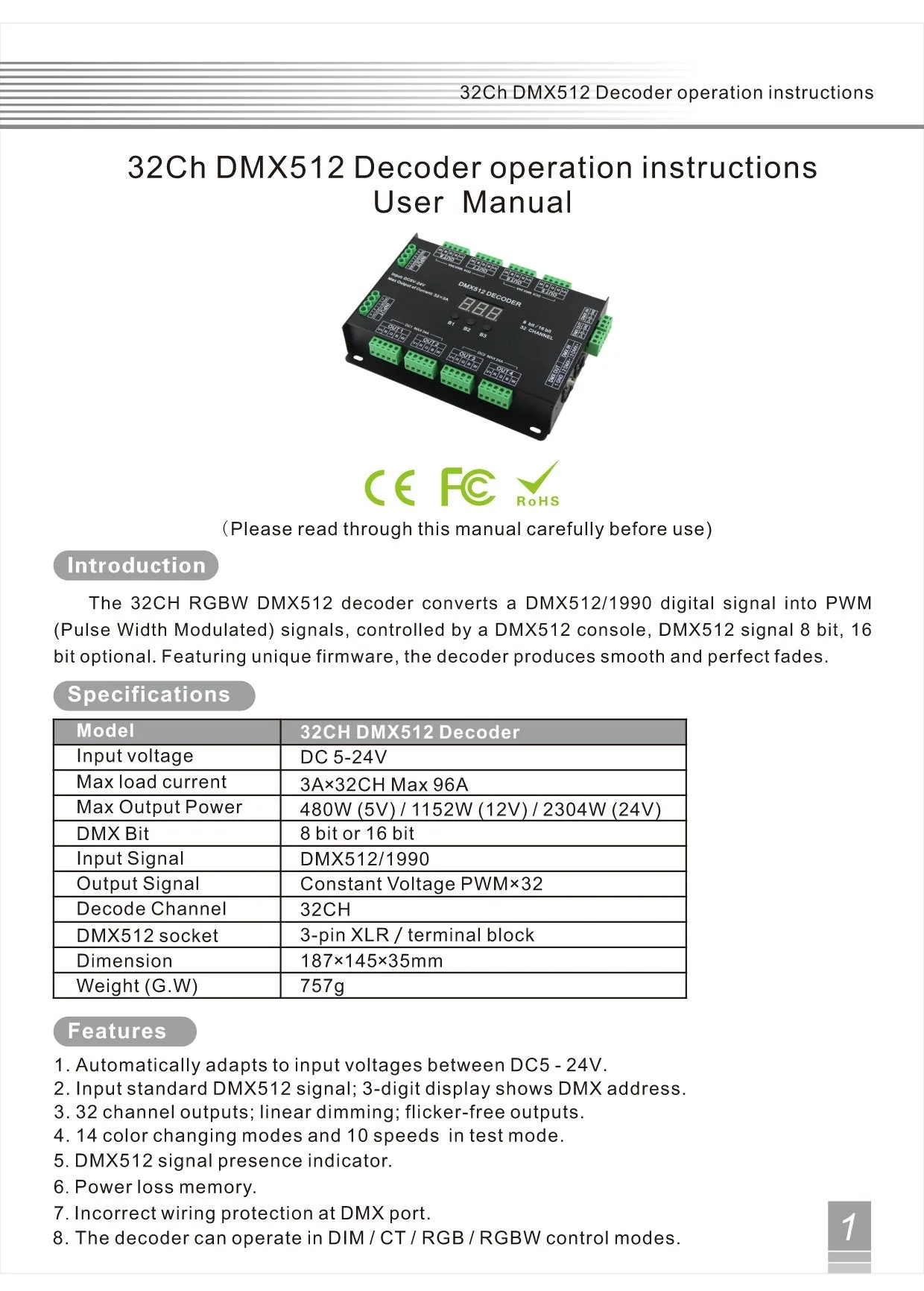 32 Channel 96A RGBW DMX 512 LED Decoder Controller DMX Dimmer DC5-24V RGBW RGB LED Light 8 Bit/16 Bit - Image 2