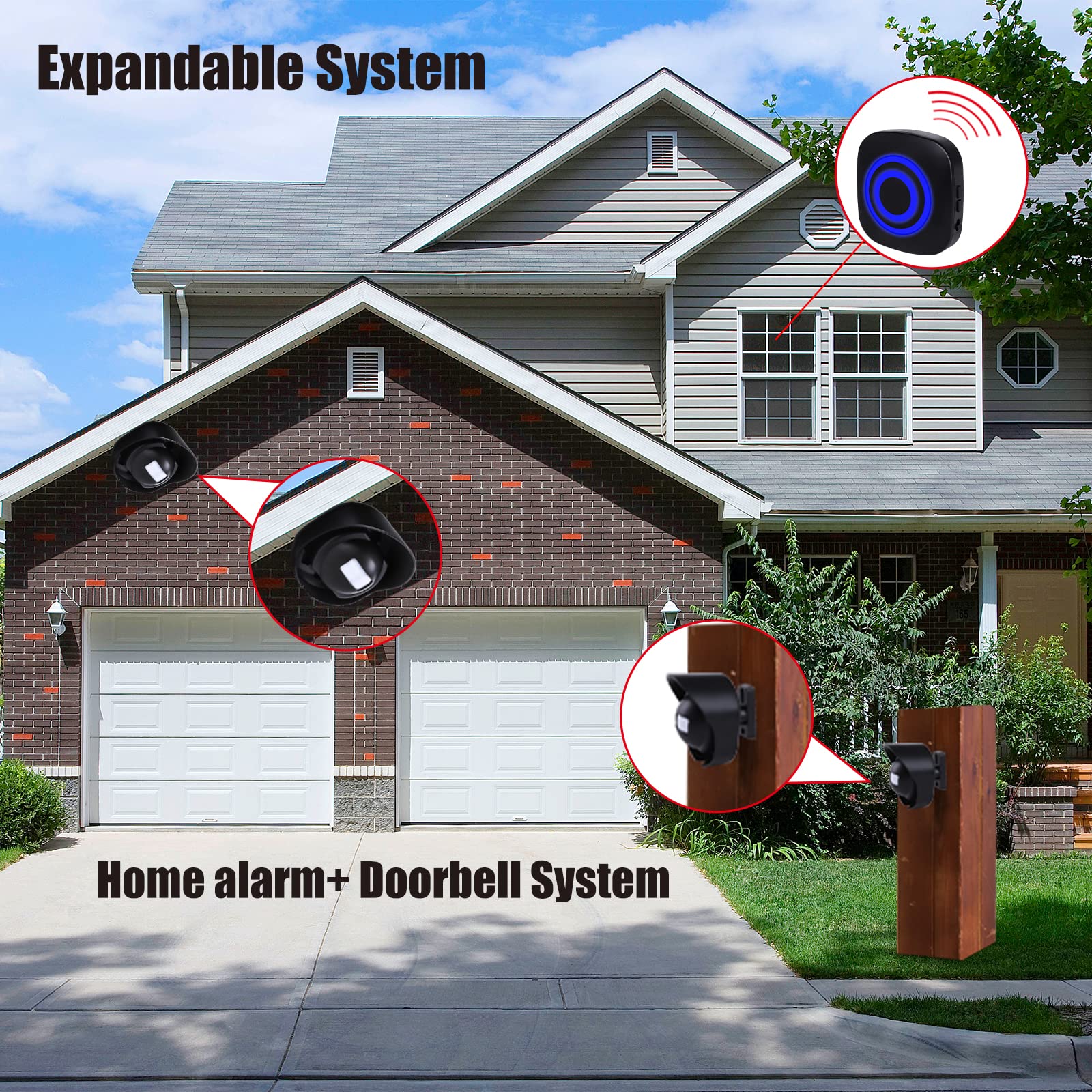 328ft Range Wireless Driveway Alarm Outside Weather Resistant Motion Sensor Alarm Security Alert-Protect Outdoor/Indoor Property-2 Receiver and 3 PIR Motion Detector-38 Chimes Black 2 alarms + 3 waterproof sensors - Image 7
