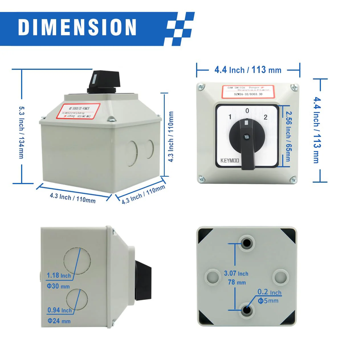 32A Rotary Changeover Switch With Exterior Box, 3 Position 3 Phase 12 Terminals, 2-Way 3NO 3NC Universal Selector, Cam Switch Box IP65, CE (30 Amp.) - Image 2