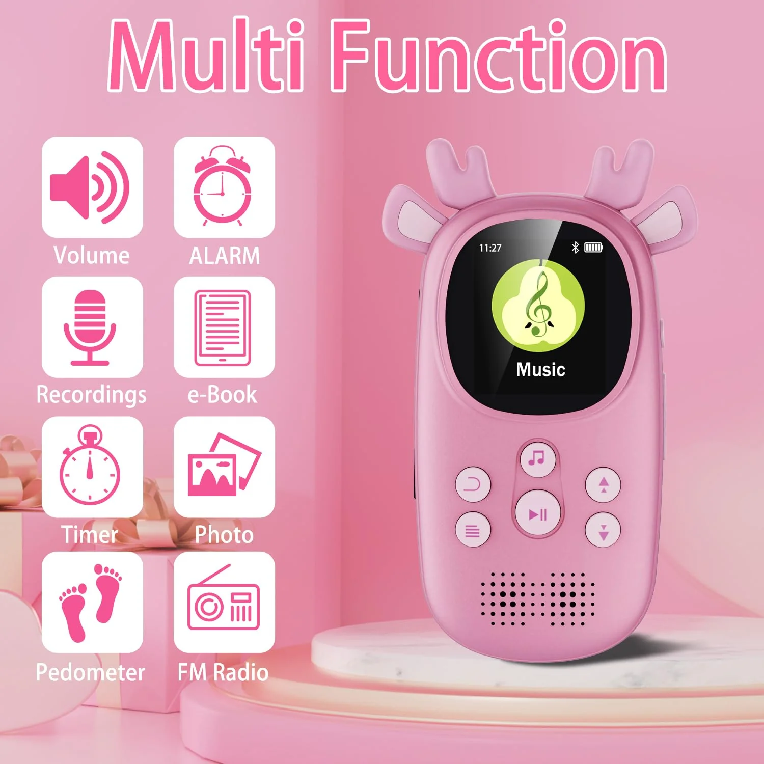 32GB MP3 Player for Kids, Cute Reindeer Portable Kids MP3 Player with Speakers Children MP3 Player with Bluetooth FM Radio, Alarm Clock, Voice Recorder, Stopwatch Music Bluetooth MP3 Player 32GB Pink - Image 2