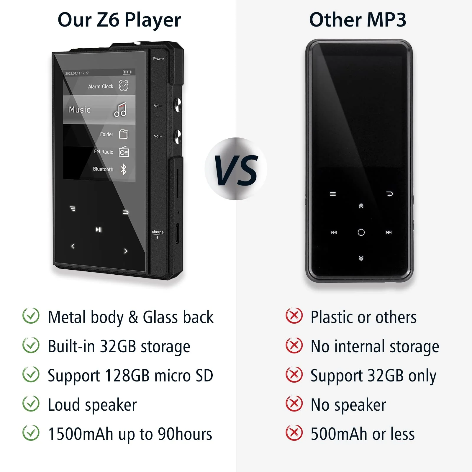 32GB MP3 Player with 90 Hours Long Battery Life,Bluetooth 5.0,Phinistec Z6 Digital Audio Player with Loud Speaker, 2.4'' IPS Portable Music Player,FM Radio,Voice Recorder Support up to 256GB(Black) 32GB - Image 2
