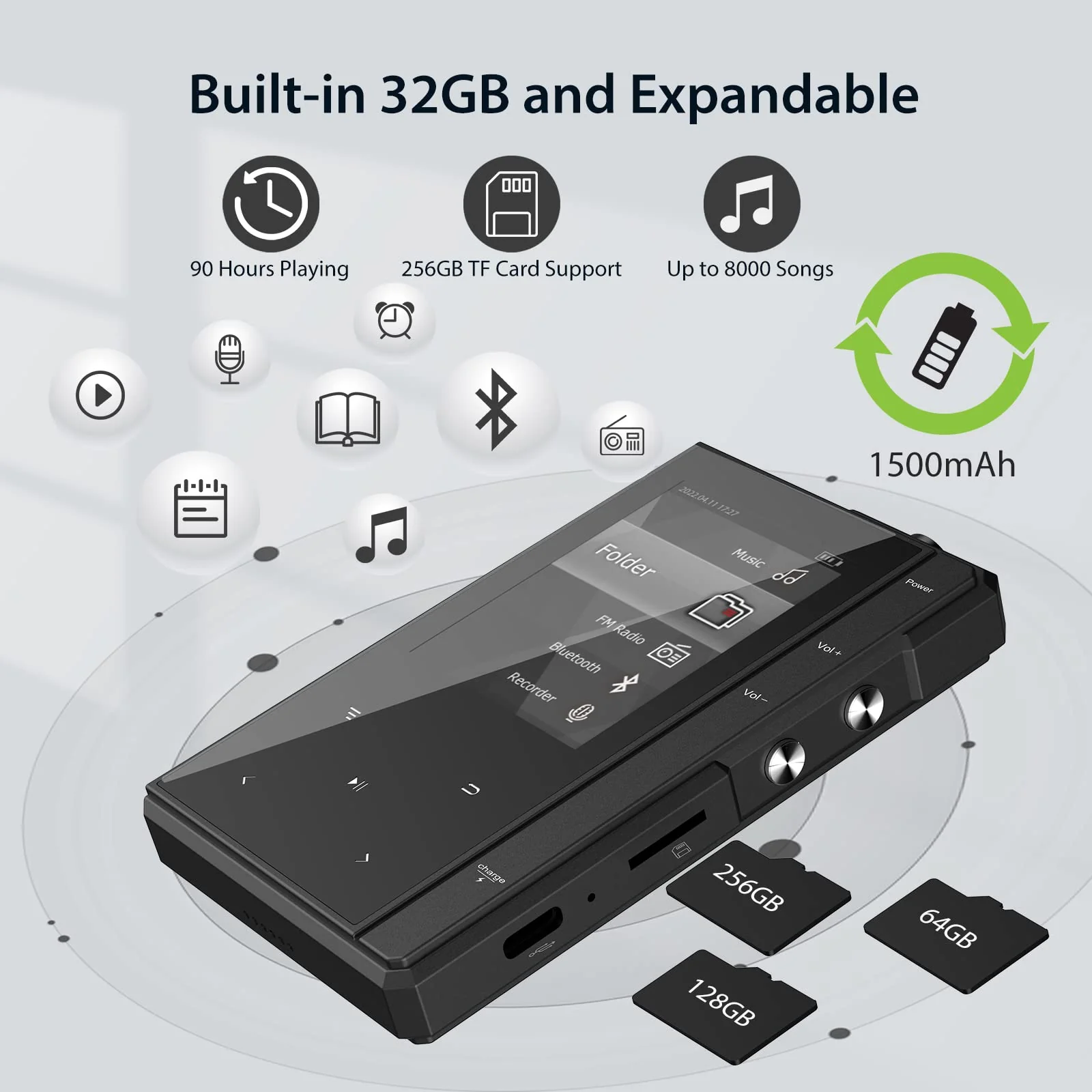 32GB MP3 Player with 90 Hours Long Battery Life,Bluetooth 5.0,Phinistec Z6 Digital Audio Player with Loud Speaker, 2.4'' IPS Portable Music Player,FM Radio,Voice Recorder Support up to 256GB(Black) 32GB - Image 5
