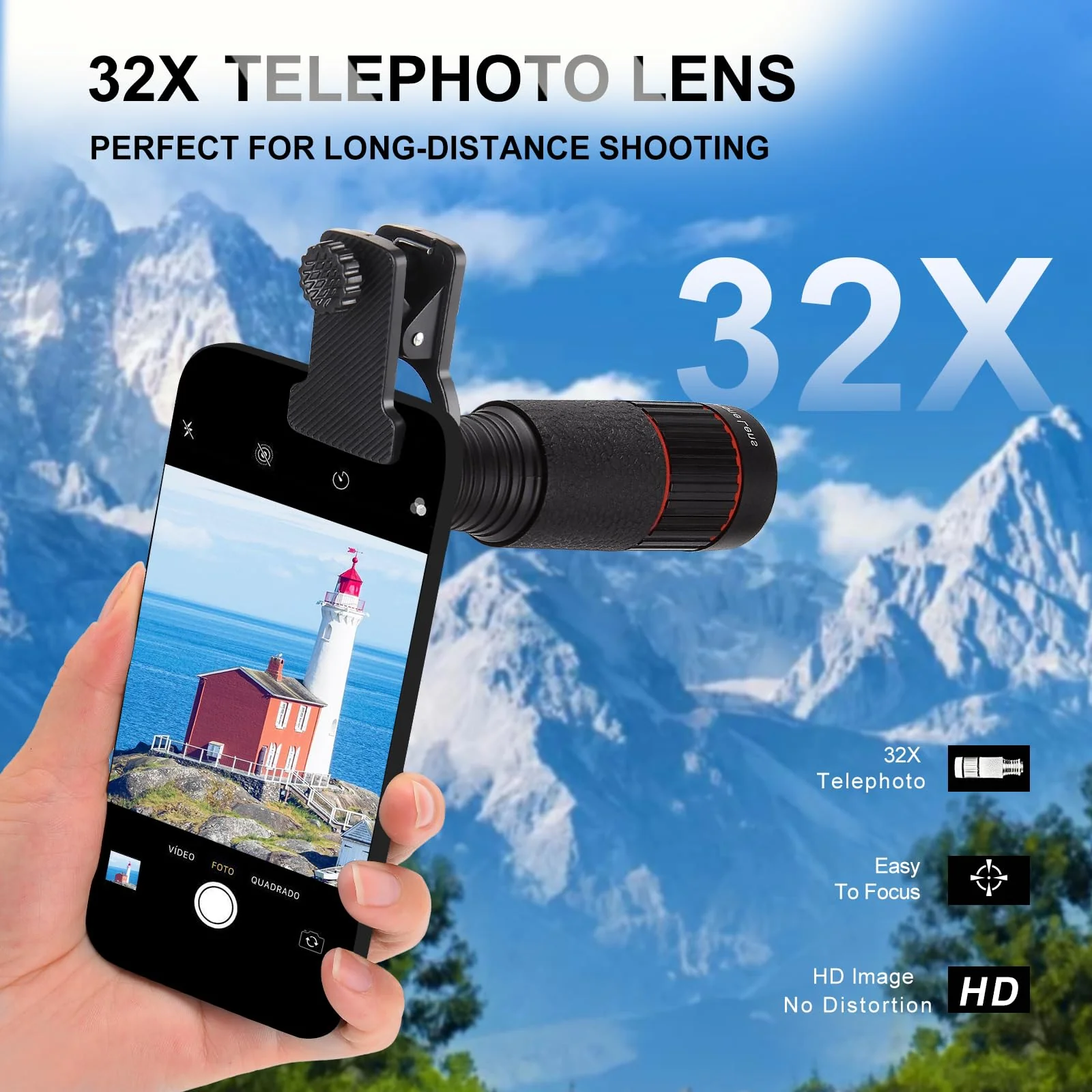 32X Long Focus Telephoto Phone Lens for iPhone and Android, Zoom Cellphone Camera Lens with Phone Clip for Picture Video Taking with eyecap - Image 5