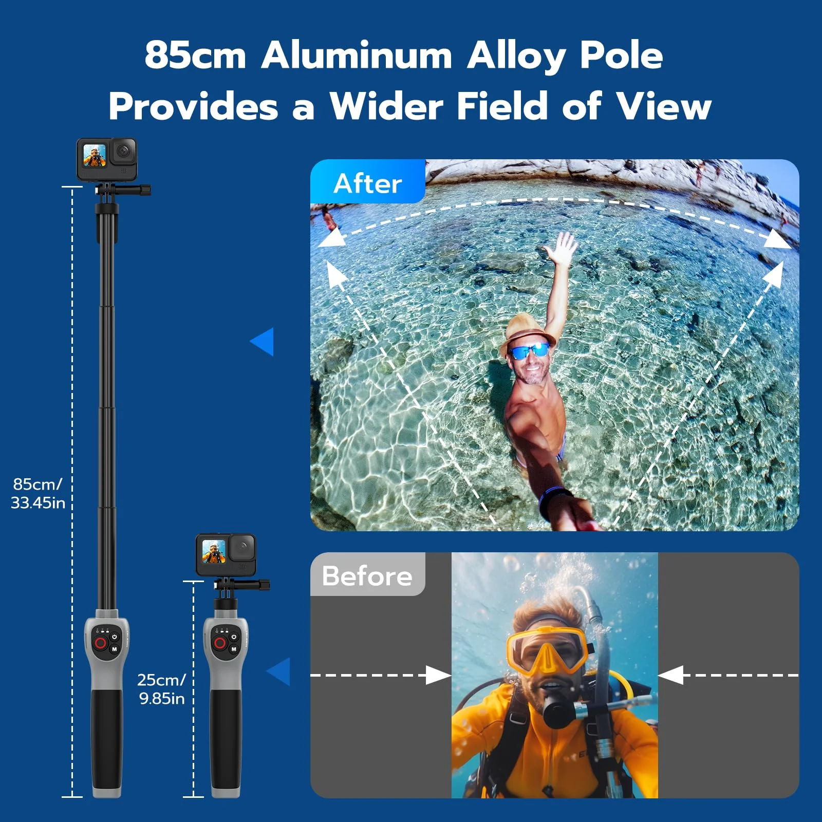 33inch Underwater Selfie Stick for GoPro Hero 13 12 11 10 9 8, with Bluetooth Remote Control, Waterproof & Extendable, 1 Hour Charging Time, 21 Hours Shooting for Diving Surfing Snorkeling - Image 3