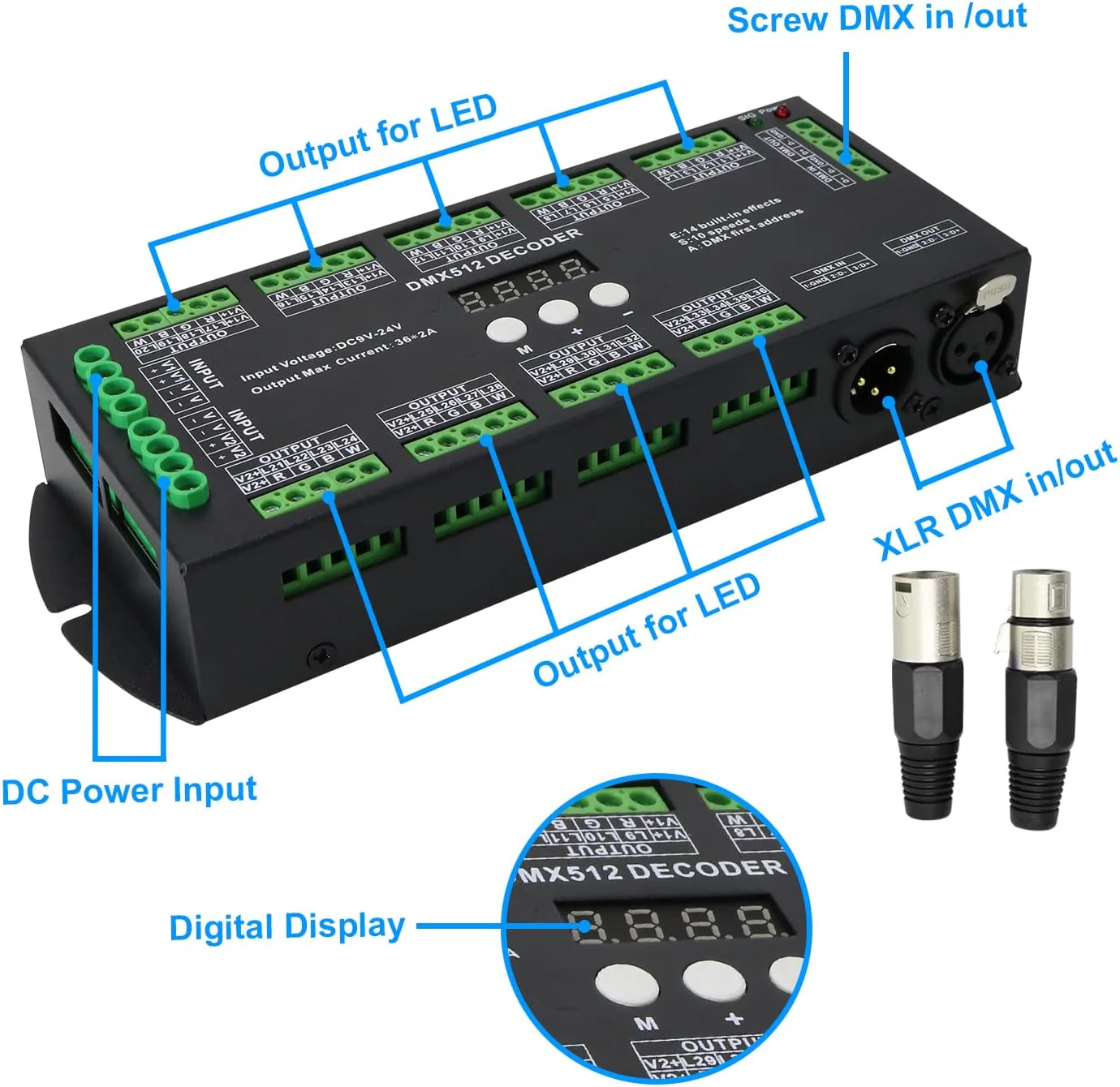 36 Channel DMX Decoder,72A RGBW led light dmx controller Digital Display DMX512 Dimmer DC9V-24V 8 Bit 2A/CH 36 channel with display - Image 7