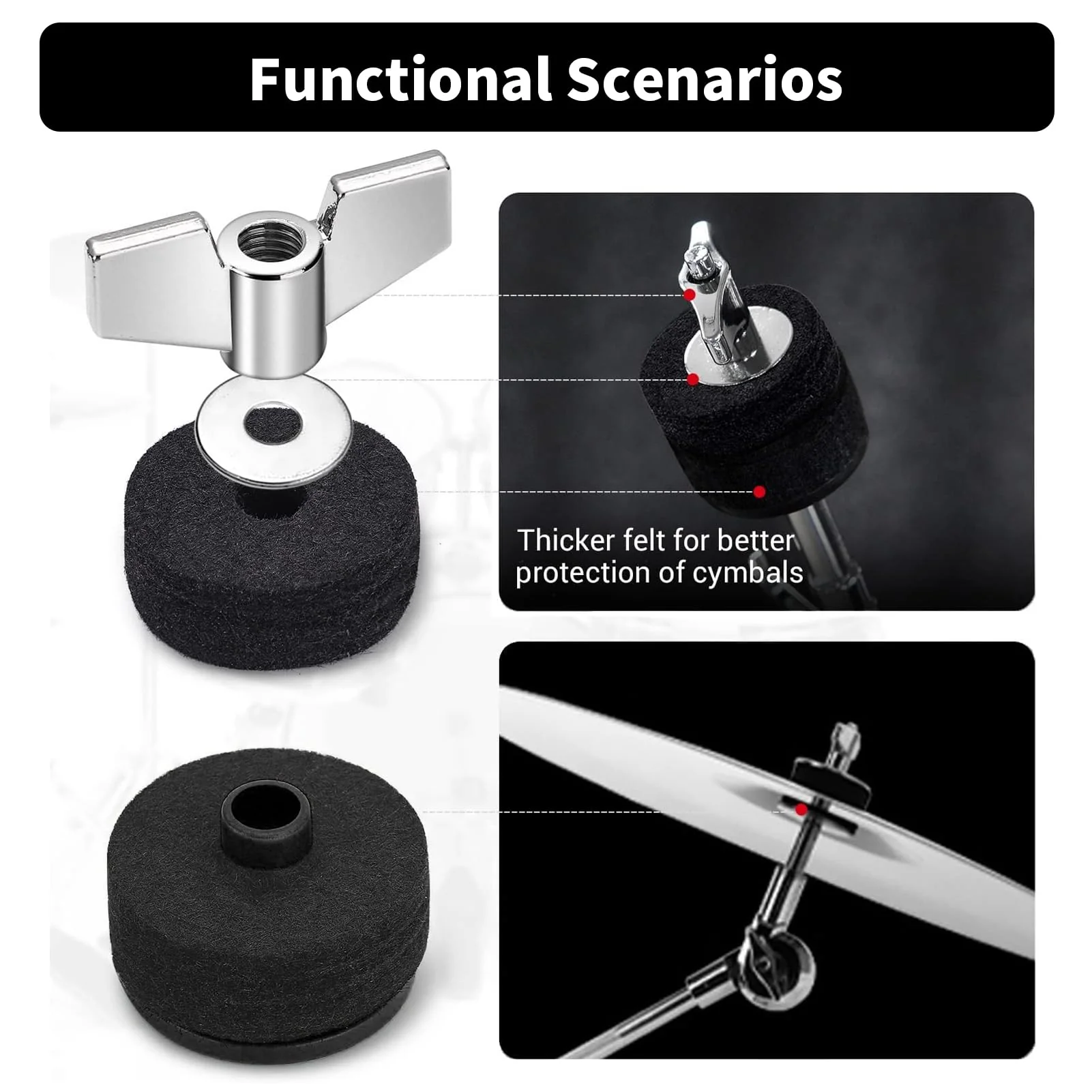 36 PCS Cymbal Replacement Accessories, Clutch Felts, Drum Cymbal Felt Pads Include Wing Nuts & Washers & Plastic Cymbals Sleeves & Drum Key and Plastic Cymbals Nuts, Replacement for Drum Set,Black Black - Image 3