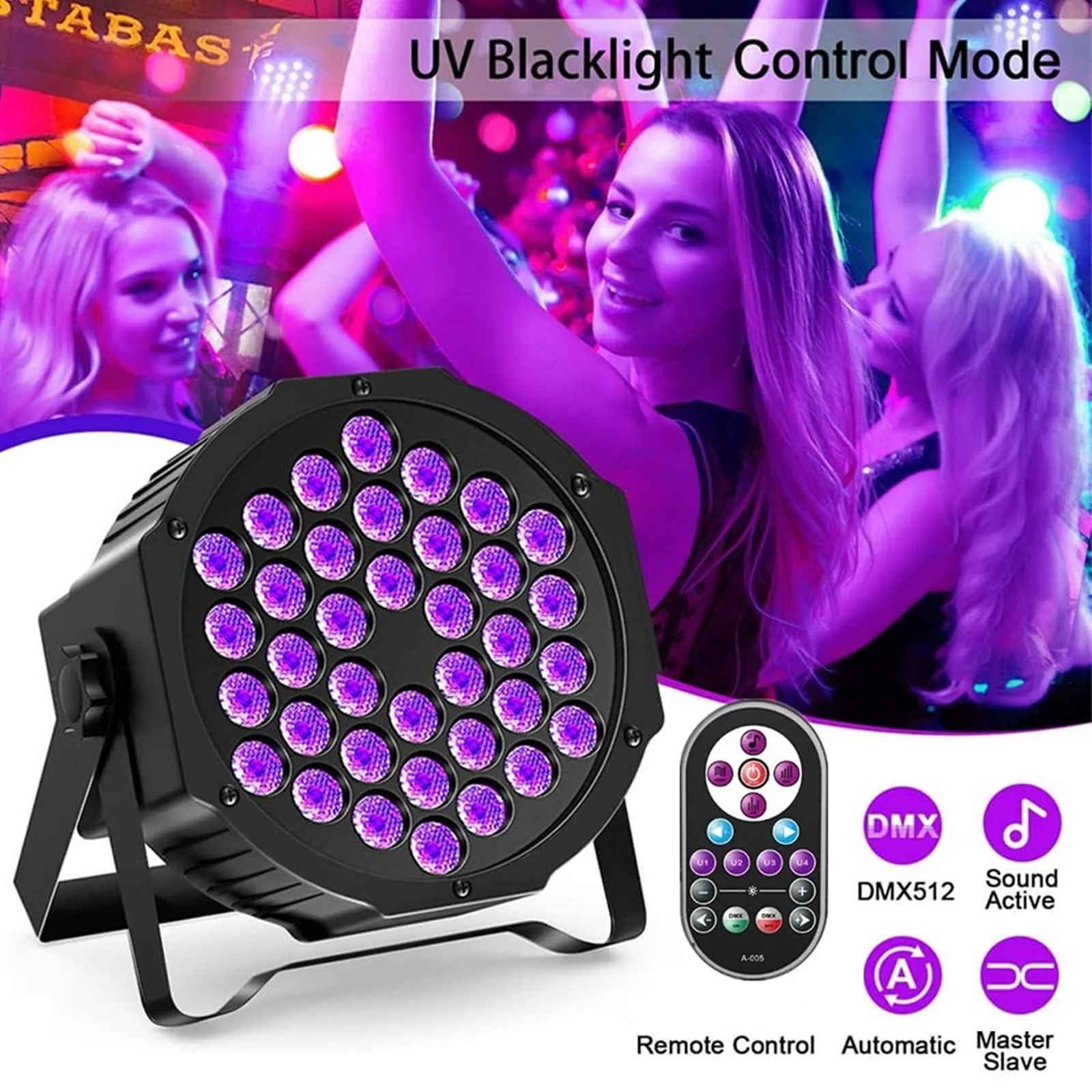 36LED Black Lights, U`King 72W UV Stage Lights Blacklight with Glow in The Dark Party Supplies by DMX Remote Control for Halloween Stage Lighting (1 Pack) 1 Pack - Image 4