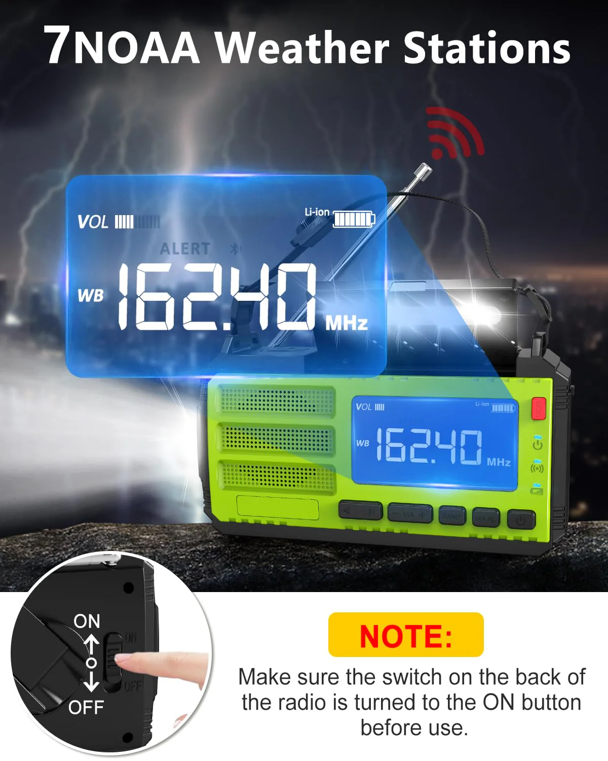 37000mWh Hand Crank Emergency Radio, AM FM NOAA Weather Alert Radio, Portable Solar Radio, 4 Charging Methods, 3-Mode Flashlight, Reading Lamp, SOS Alarm, Phone Charger for Winter Storm Emergency Green - Image 2