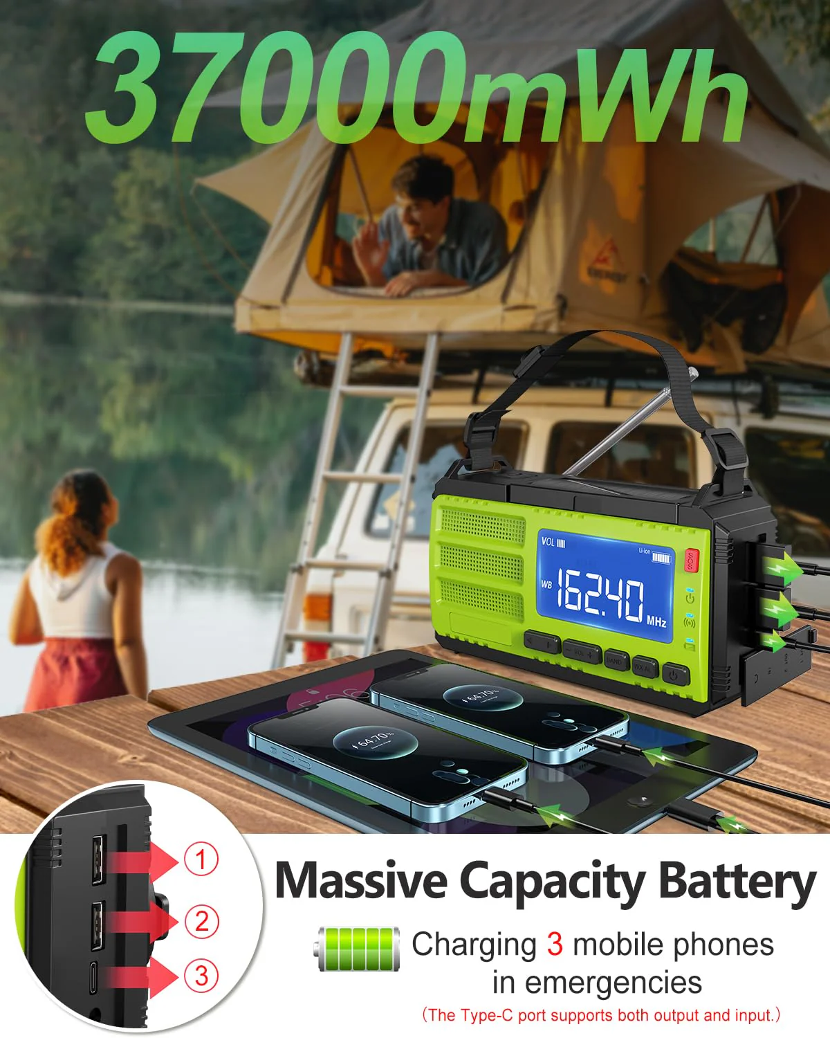 37000mWh Hand Crank Emergency Radio, AM FM NOAA Weather Alert Radio, Portable Solar Radio, 4 Charging Methods, 3-Mode Flashlight, Reading Lamp, SOS Alarm, Phone Charger for Winter Storm Emergency Green - Image 3