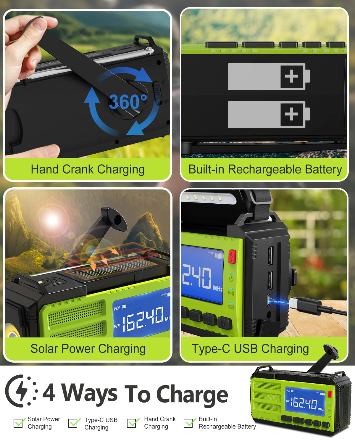 37000mWh Hand Crank Emergency Radio, AM FM NOAA Weather Alert Radio, Portable Solar Radio, 4 Charging Methods, 3-Mode Flashlight, Reading Lamp, SOS Alarm, Phone Charger for Winter Storm Emergency Green - Image 4