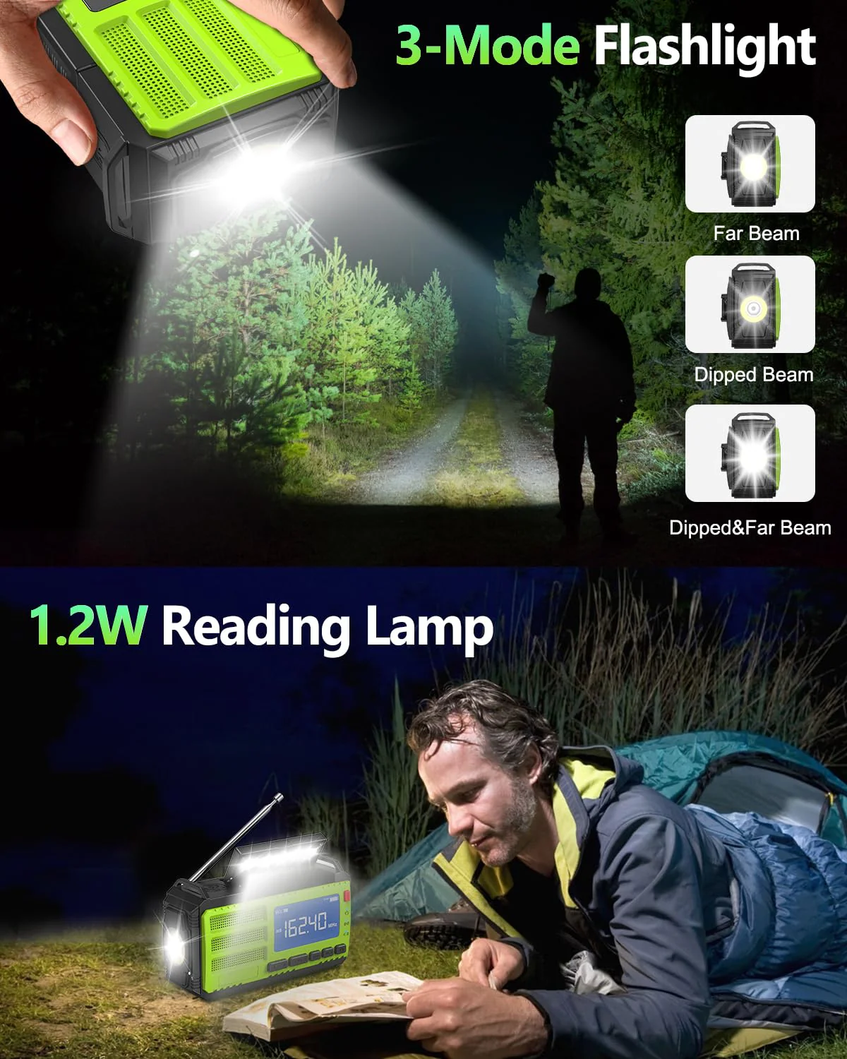 37000mWh Hand Crank Emergency Radio, AM FM NOAA Weather Alert Radio, Portable Solar Radio, 4 Charging Methods, 3-Mode Flashlight, Reading Lamp, SOS Alarm, Phone Charger for Winter Storm Emergency Green - Image 5