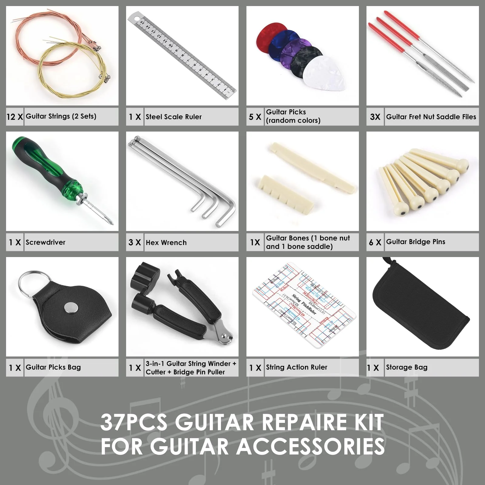 37Pcs Guitar Tools, Guitar Repaire Kit Care Tools with Carry Bag for Acoustic Electric Guitar Ukulele Bass Banjo, Gift for Music or String Instrument Enthusiast - Image 2