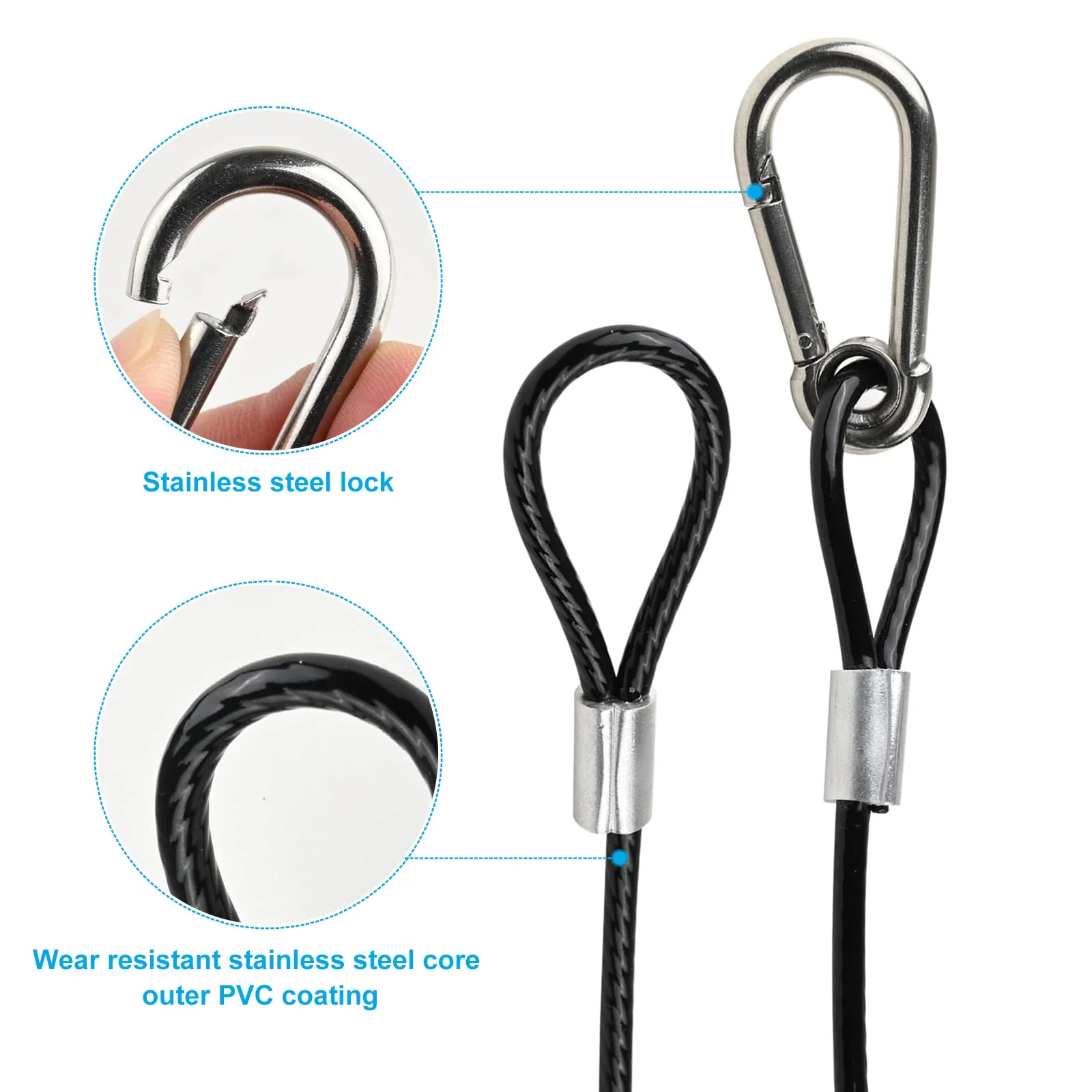 39.4" Safety Cable Black Coated Stainless Steel Security Cable with Carabiner Lock, 110lb Safety Rope for DJ Stage Light LED Par Light Moving Head Light Bicycle Luggage(4 PCS) - Image 3