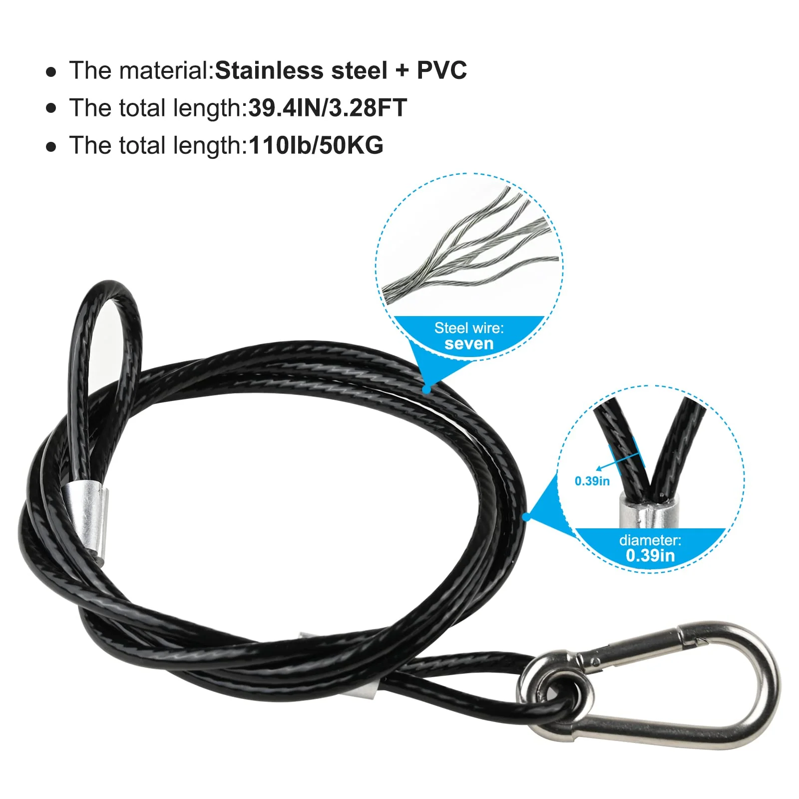 39.4" Safety Cable Black Coated Stainless Steel Security Cable with Carabiner Lock, 110lb Safety Rope for DJ Stage Light LED Par Light Moving Head Light Bicycle Luggage(4 PCS) - Image 5