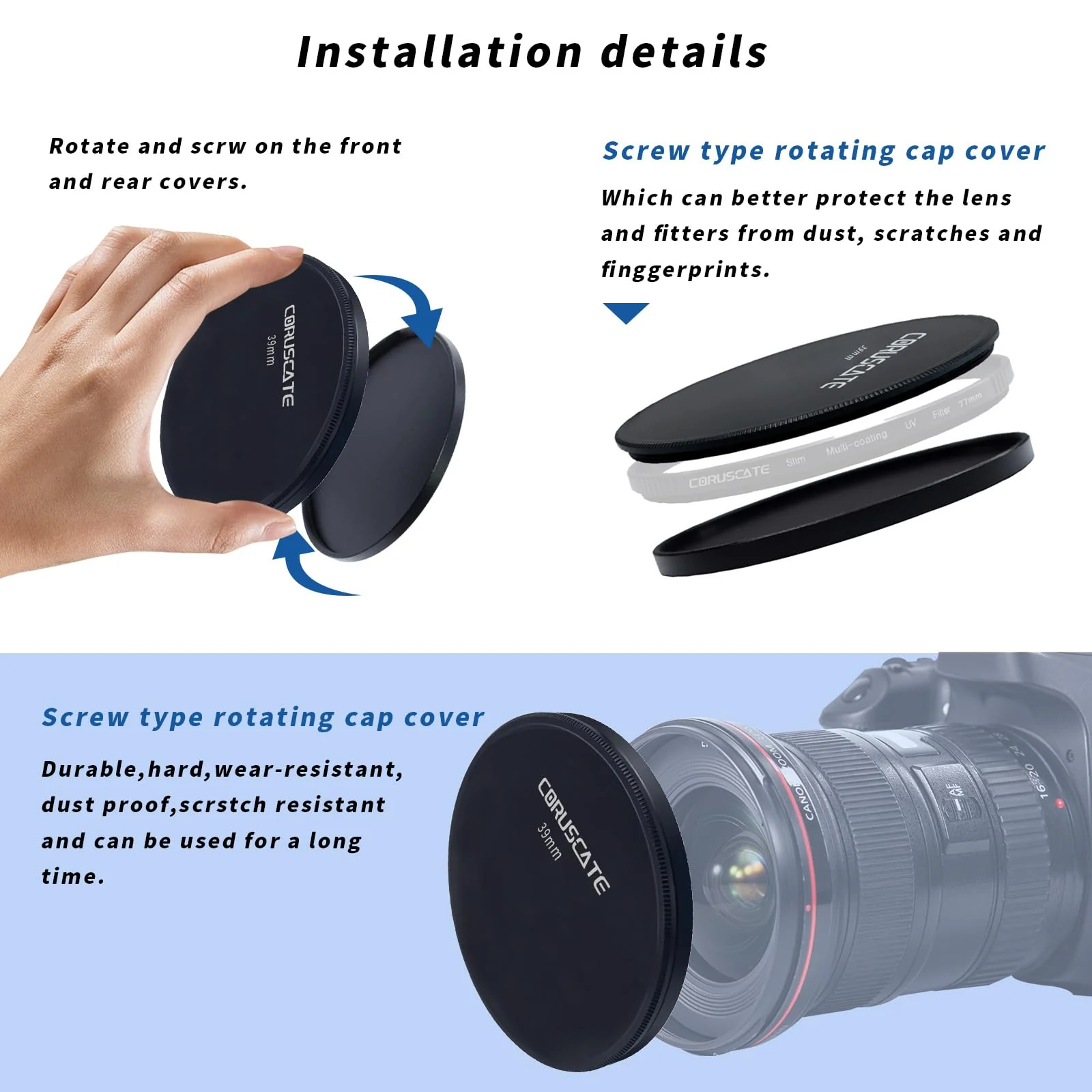 39mm Metal Filter Cap,Lens Cap,Compatible with All Any 39mm with Camera Thread Lens and 39 mm ND,CPL,UV Filter Accessory.(Front Cover+Rear Cover)+Lens Cleaning Cloth - Image 4