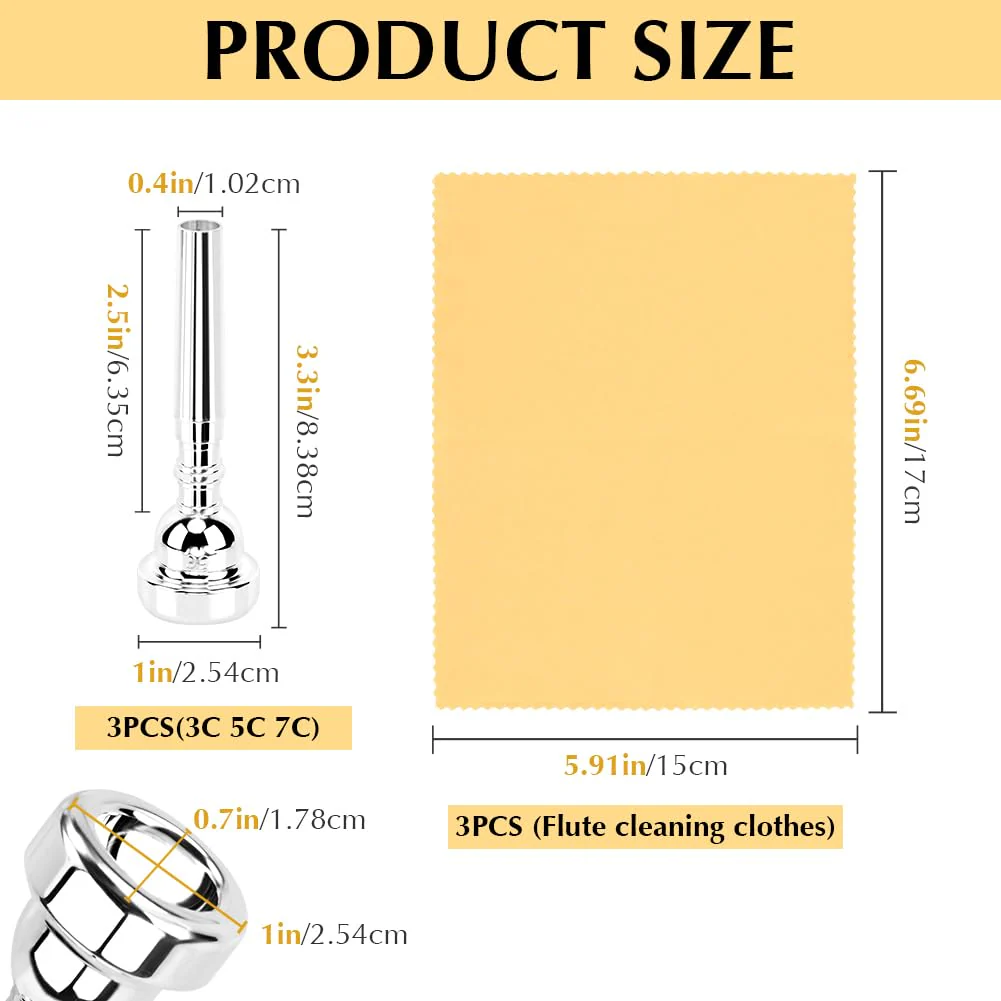 3C/5C/7C Trumpet Mouthpiece Set, Professional Trumpet Mouthpiece Replacement Parts Trumpet Tone Gift with Cleaning Cloth, Musical Instruments Accessories for Beginners(Yellow+Silver) Yellow+silver - Image 2
