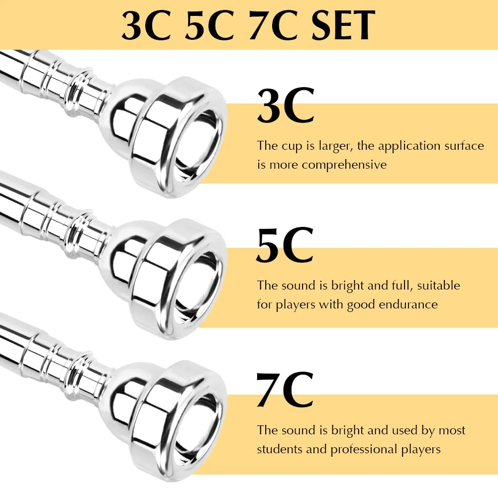 3C/5C/7C Trumpet Mouthpiece Set, Professional Trumpet Mouthpiece Replacement Parts Trumpet Tone Gift with Cleaning Cloth, Musical Instruments Accessories for Beginners(Yellow+Silver) Yellow+silver - Image 3