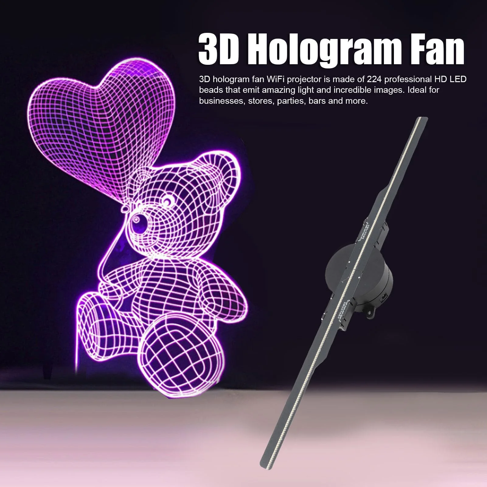 3D Hologram Fan 16.5in 2000x224 3D Projector with 224 LED Light Beads, Borderless Images, Custom Editing for Business Store Advertising 100-240V - Image 2