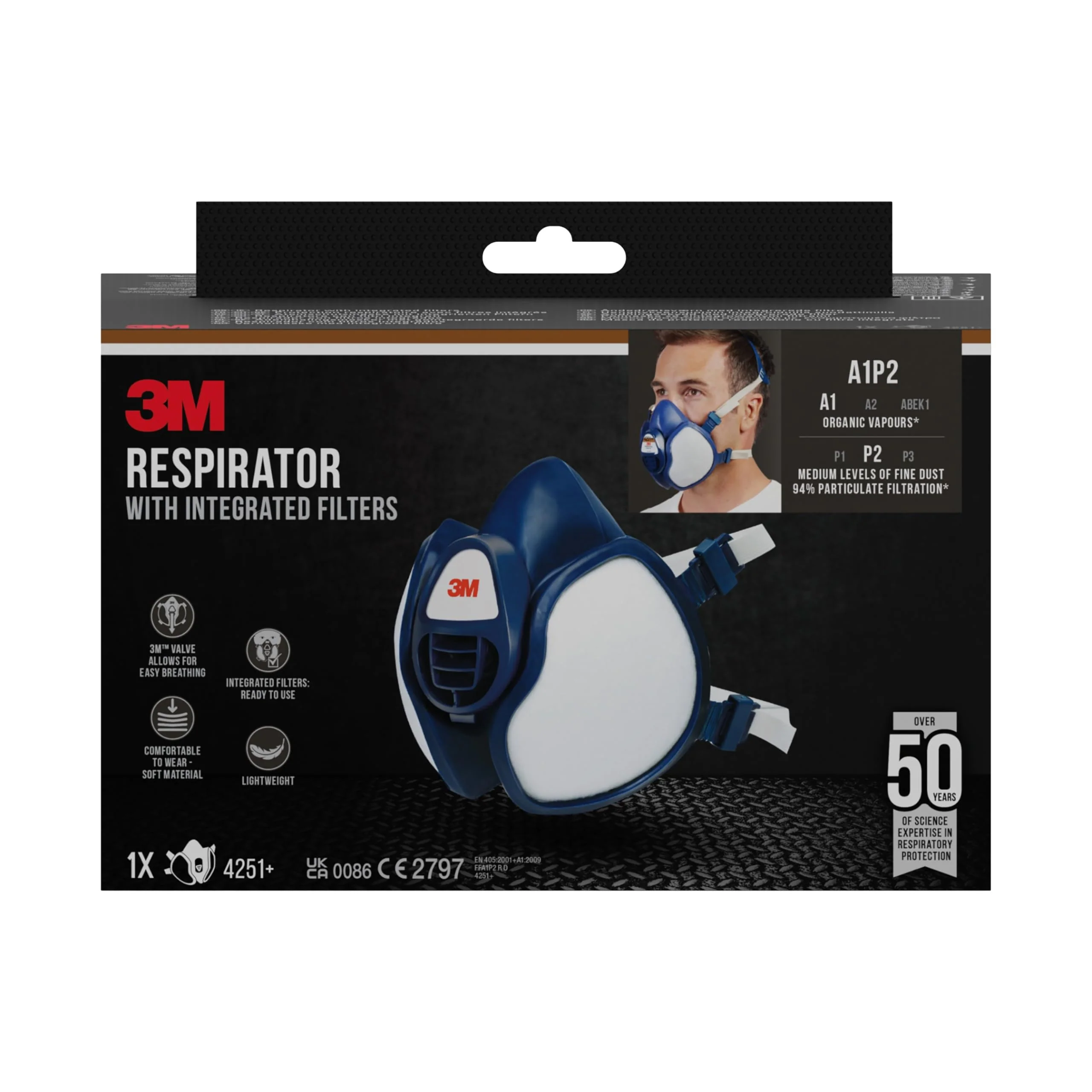 3M 4251C Half-Mask Respirator for Spray Painting / Machine Sanding Protection Level A1P2 / Ready for Use / Low Breathing Resistance / Especially Lightweight 1 stück (1er Pack) Single - Image 2