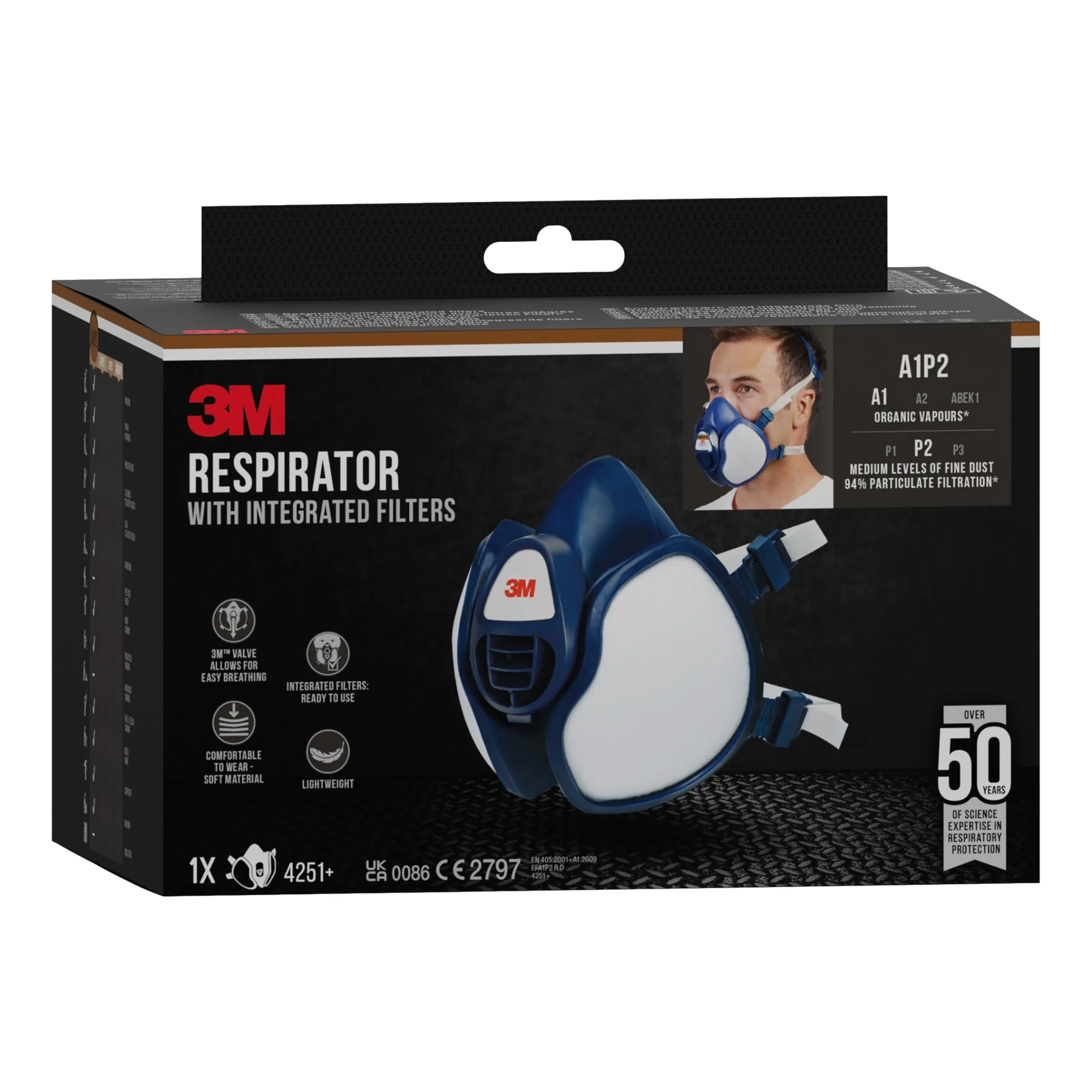3M 4251C Half-Mask Respirator for Spray Painting / Machine Sanding Protection Level A1P2 / Ready for Use / Low Breathing Resistance / Especially Lightweight 1 stück (1er Pack) Single - Image 3