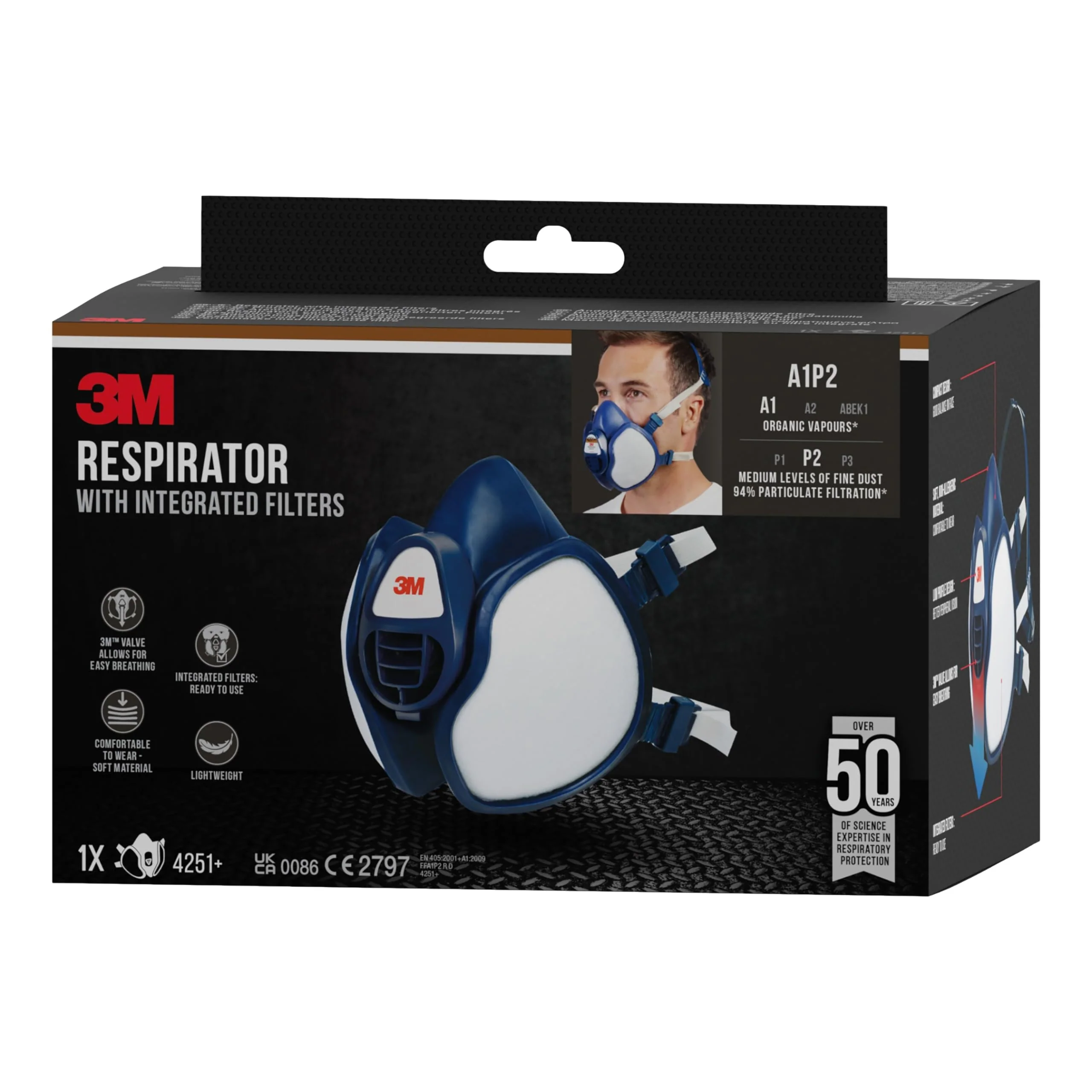 3M 4251C Half-Mask Respirator for Spray Painting / Machine Sanding Protection Level A1P2 / Ready for Use / Low Breathing Resistance / Especially Lightweight 1 stück (1er Pack) Single - Image 4