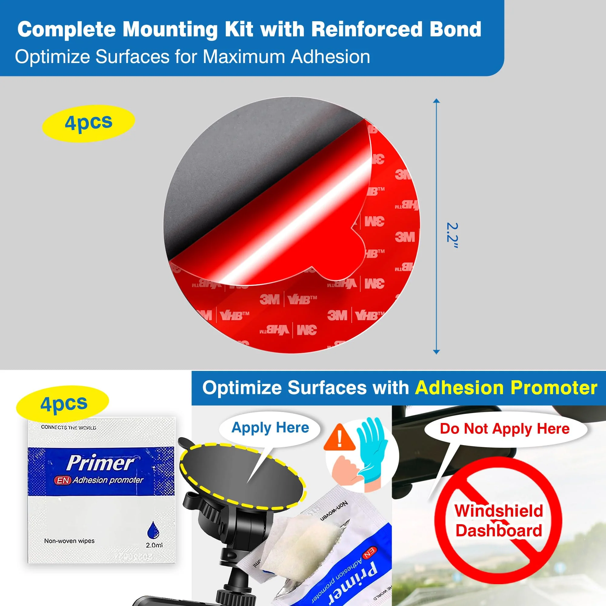 3M VHB Double-Sided Adhesive Pads for Dash Cam Mount – 4-Pack 2.2" Round, Heat Resistant Sticky Tape for Car Windshield, Dashboard, GPS, and Camera Holders with 4 Adhesion Promoter - Image 2