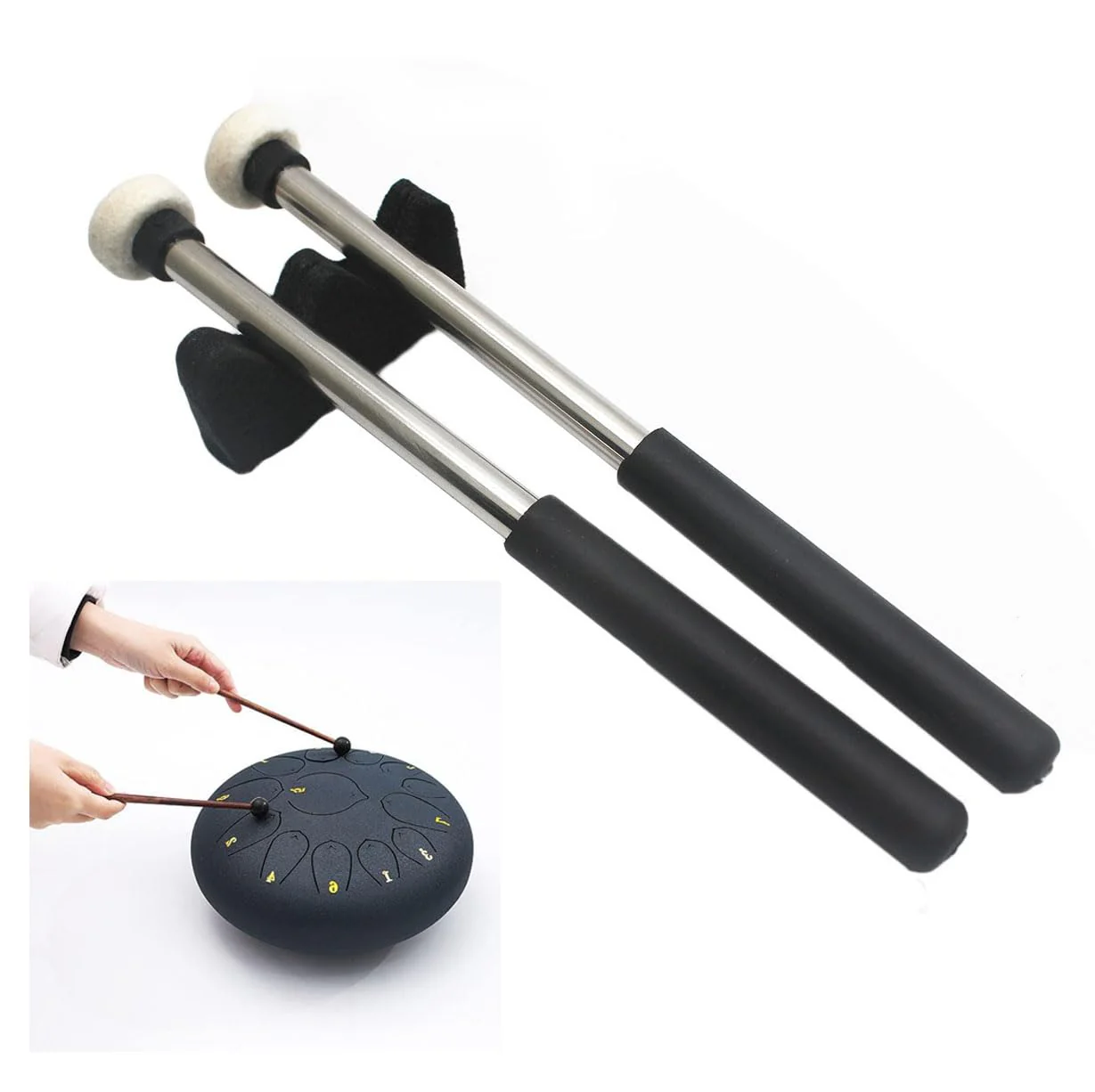 3Pair Steel Tongue Drum Mallet Hand Pan Sticks Percussion Instrument Accessories with Bracket, Velvet Storage Bag - Image 4