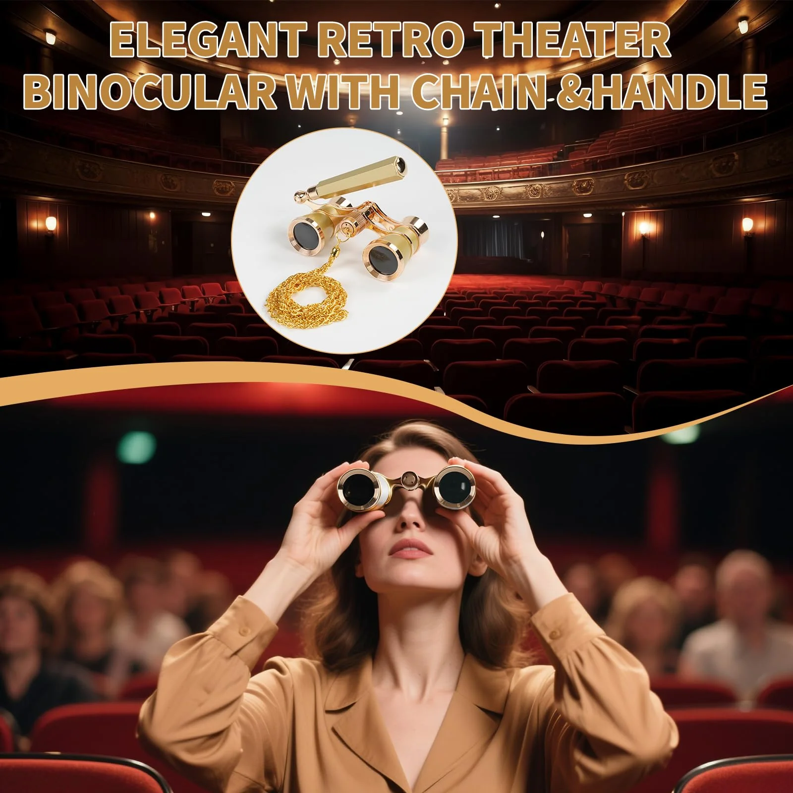 3X25 Opera Glasses Binoculars with Adjustable Handles Exquisite Chain,BK7 HD Optical Lens for Theater Binoculars, Theater Glasses for Adults (Gold) gold - Image 2