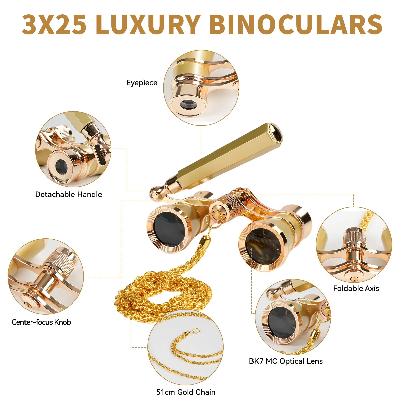 3X25 Opera Glasses Binoculars with Adjustable Handles Exquisite Chain,BK7 HD Optical Lens for Theater Binoculars, Theater Glasses for Adults (Gold) gold - Image 6