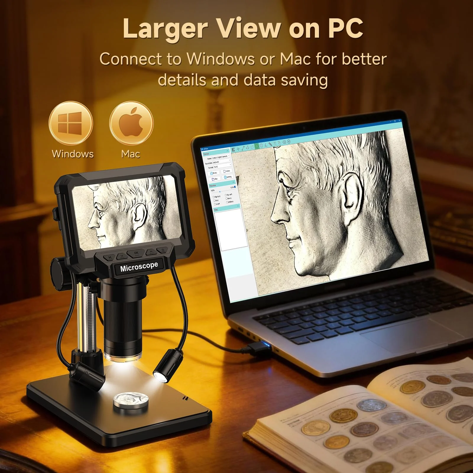 4.3" Coin Microscope for Error Coins (Detail View Only), 1000X Digital LCD Magnifier with Anti-Glare Side Lights, 1080P USB PC View (Win/Mac), Rechargeable Scope for Numismatic Grading 4.3inch - Image 5