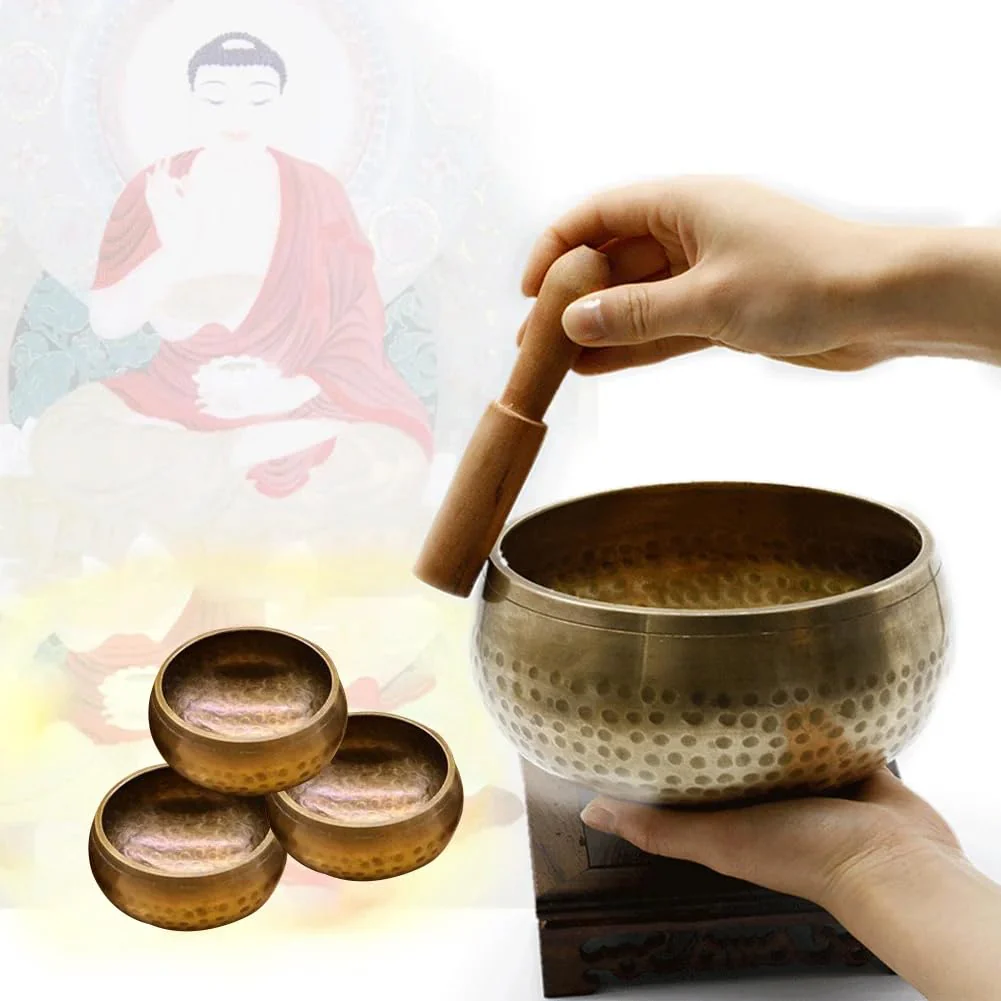4.3‘’Handmade Buddhist Brass Music Bowl, Singing Bowl with Wood Mallet for Meditation, Yoga, Chanting, Music Therapy - Image 3