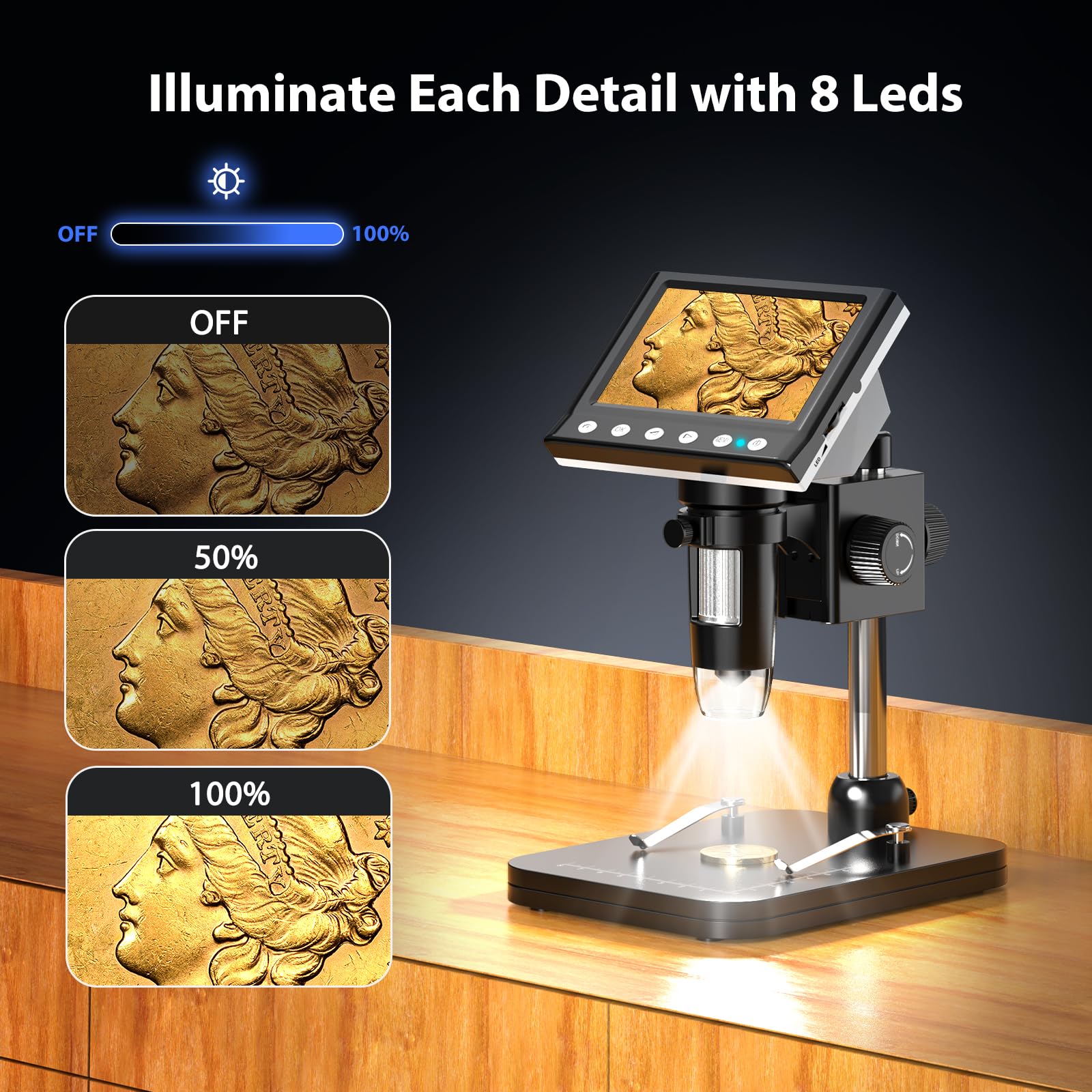 4.3'' IPS Coin Microscope, 1000X Magnification Digital Microscope for Adults，Coin Collection Supplies with 8 Adjustable LEDs，Windows Compatible，32GB TF Card - Image 4