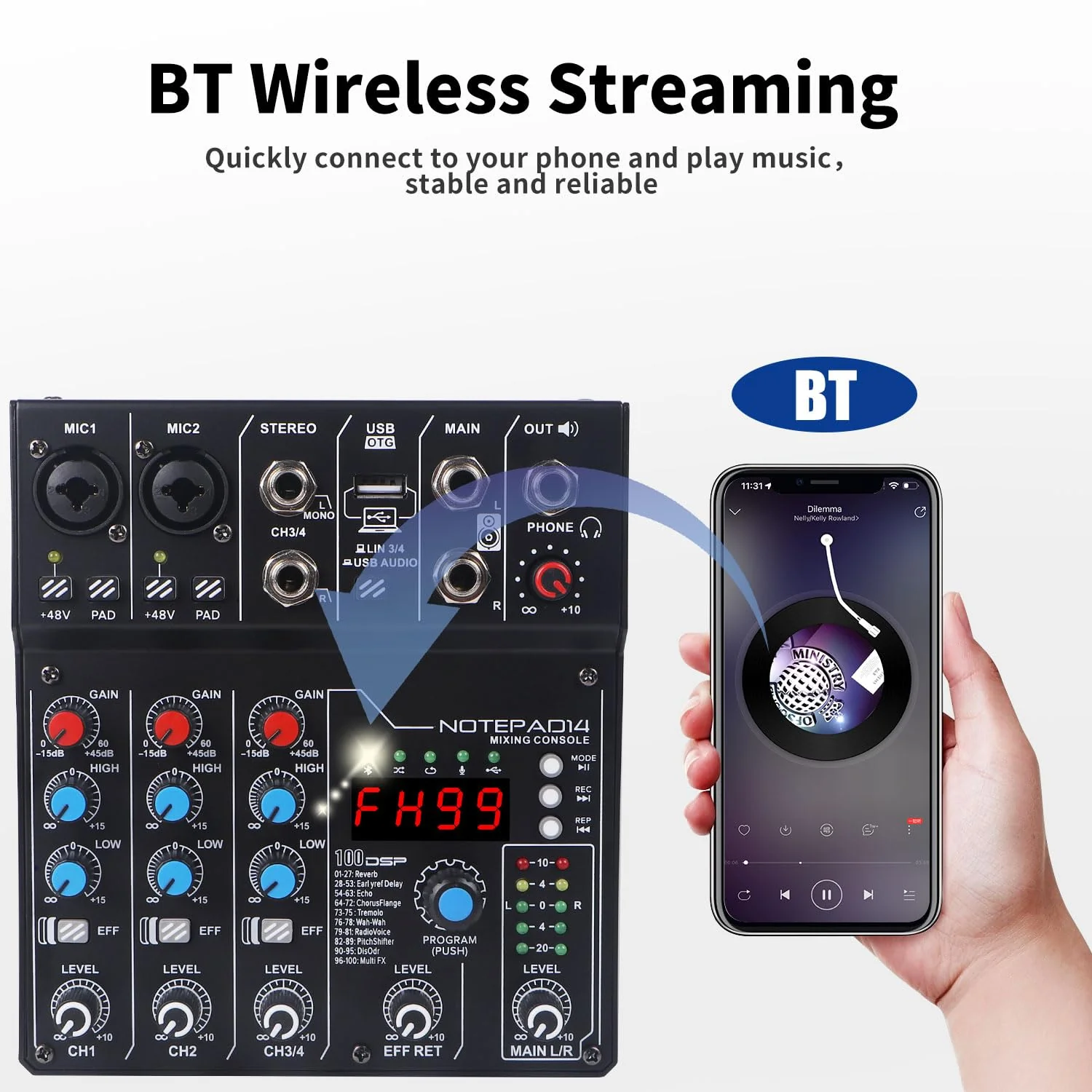 4 Channel Audio Mixer with 99 Sound Effects for PC,BT DJ Mixer Portable Sound Mixing Console with USB Recording Input for Live Streaming,Podcasting,DJ Show,Wedding - Image 4
