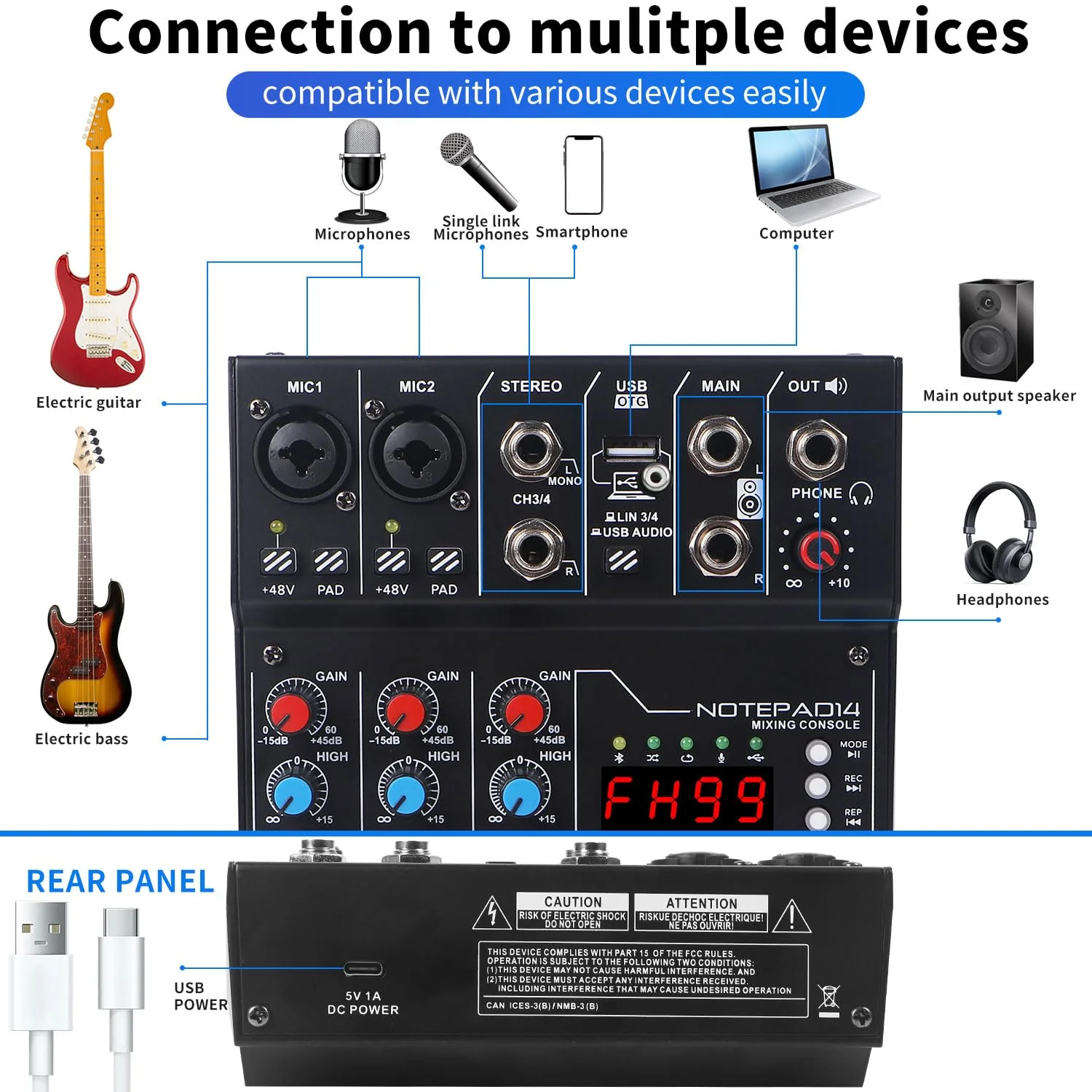 4 Channel Audio Mixer with 99 Sound Effects for PC,BT DJ Mixer Portable Sound Mixing Console with USB Recording Input for Live Streaming,Podcasting,DJ Show,Wedding - Image 5