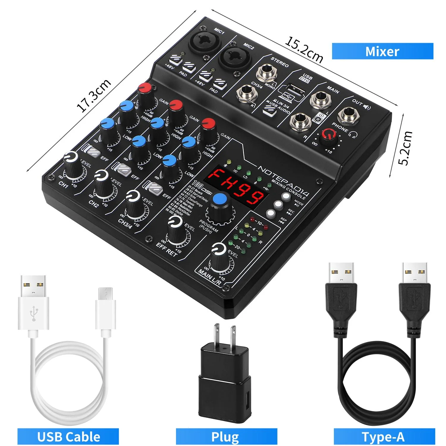4 Channel Audio Mixer with 99 Sound Effects for PC,BT DJ Mixer Portable Sound Mixing Console with USB Recording Input for Live Streaming,Podcasting,DJ Show,Wedding - Image 6