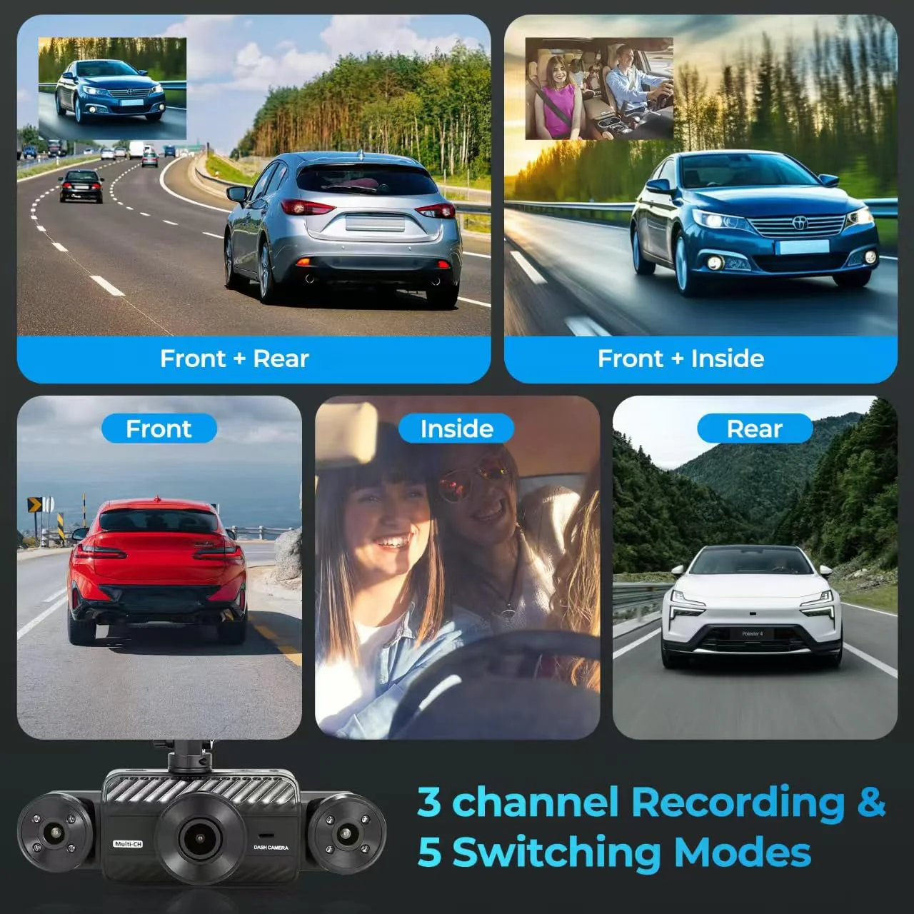 4 Channel Dash Cam 360° View, Include Front & Rear Left Right Camera Support 4 Way Recording, 32GB Card, 3” IPS Screen/Night Vision/WDR/24H Parking/G-Sensor（2G/4G/8G / 3 Split Screen (4 Channel) - Image 4
