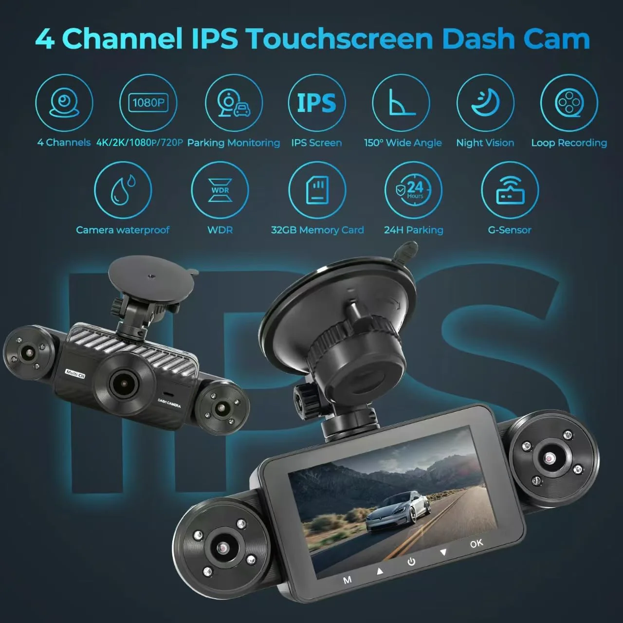 4 Channel Dash Cam 360° View, Include Front & Rear Left Right Camera Support 4 Way Recording, 32GB Card, 3” IPS Screen/Night Vision/WDR/24H Parking/G-Sensor（2G/4G/8G / 3 Split Screen (4 Channel) - Image 5