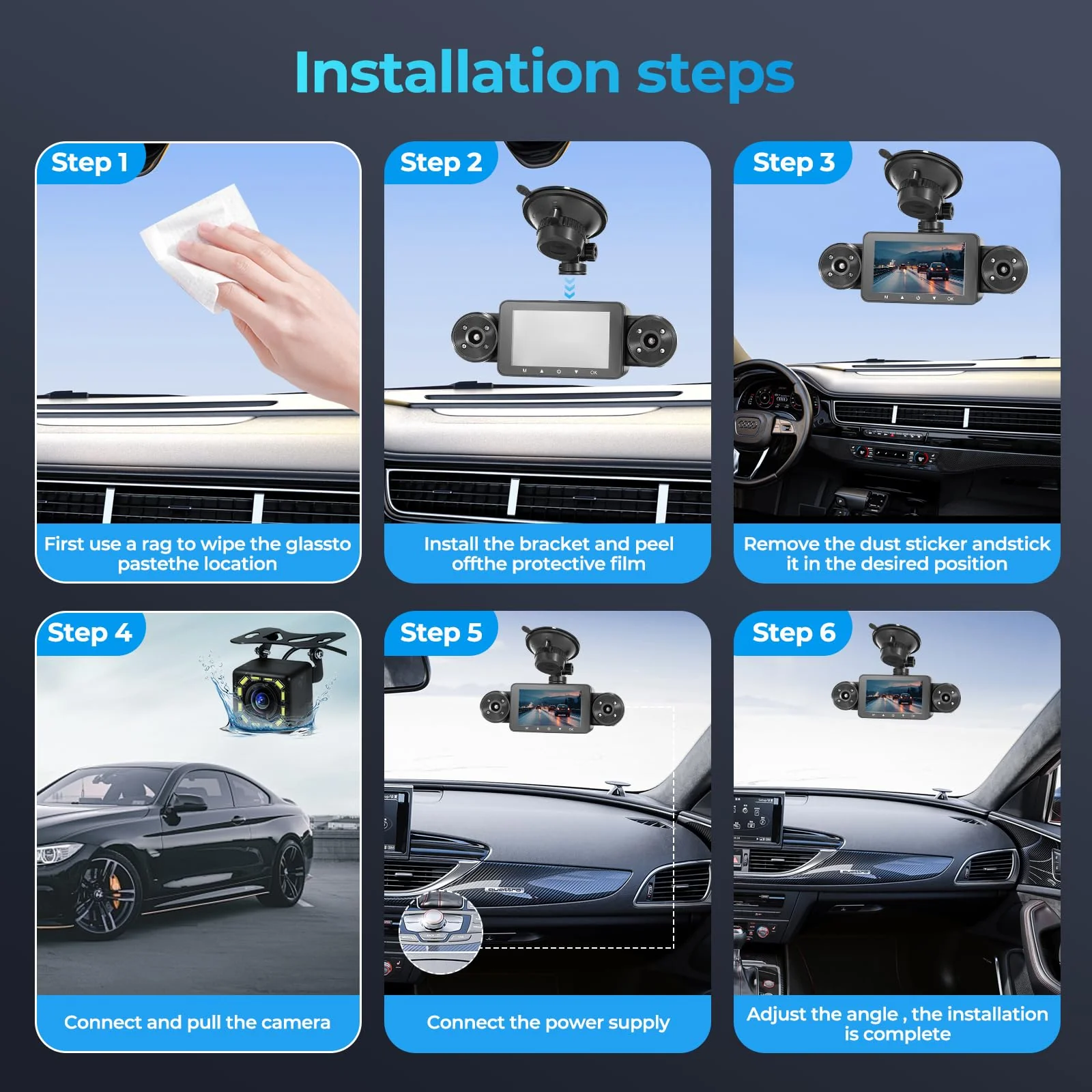 4 Channel Dash Cam 360° View, Include Front & Rear Left Right Camera Support 4 Way Recording, 32GB Card, 3” IPS Screen/Night Vision/WDR/24H Parking/G-Sensor（2G/4G/8G / 3 Split Screen (4 Channel) - Image 8