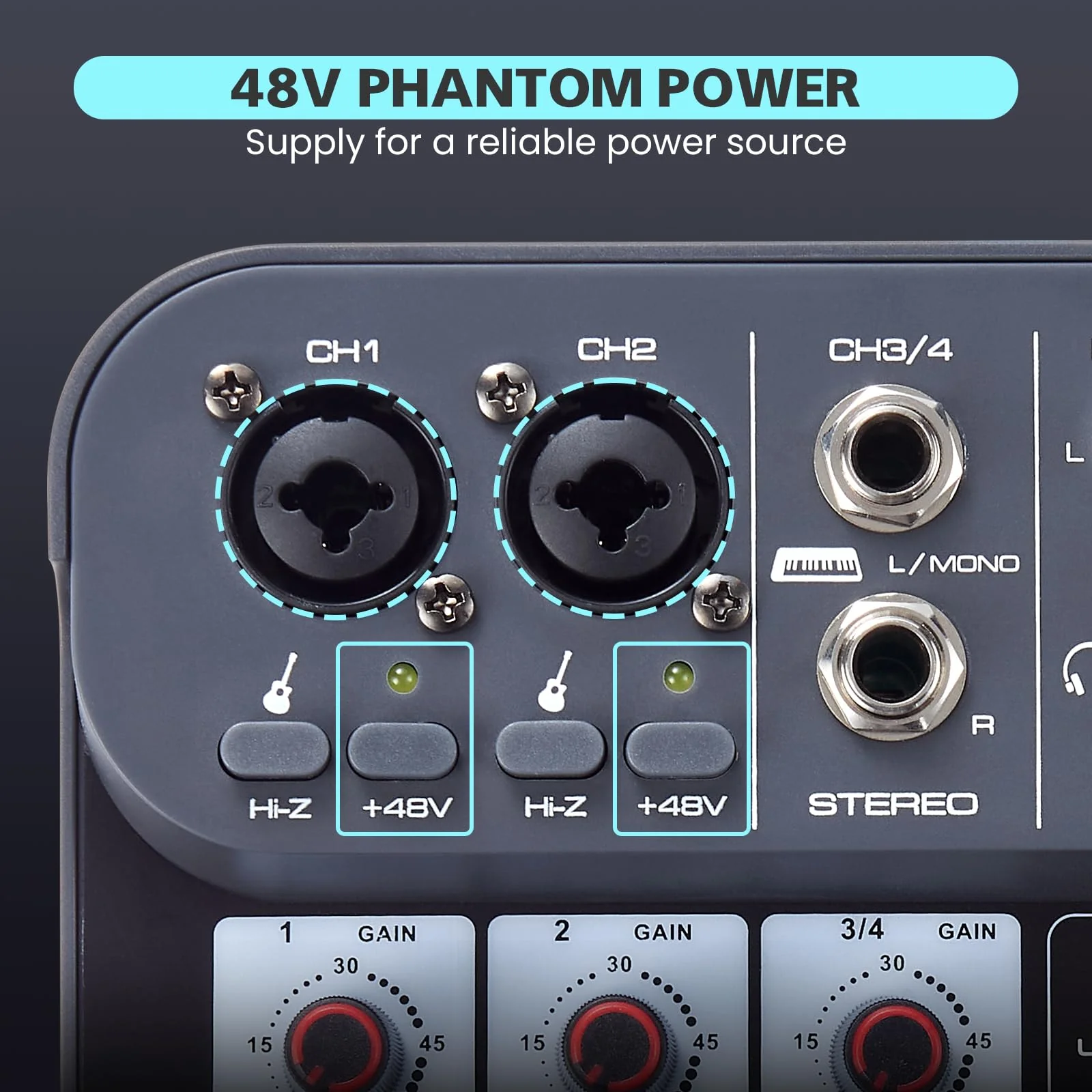 4 Channel DJ Audio Mixer, DJ Mixers Sound Board, Sound Mixer Board XLR 1/4" Interface, BT USB MP3 Computer Input 48V Phantom Power Stereo Karaoke DJ Studio Streaming KTV Stage G4B - Image 2