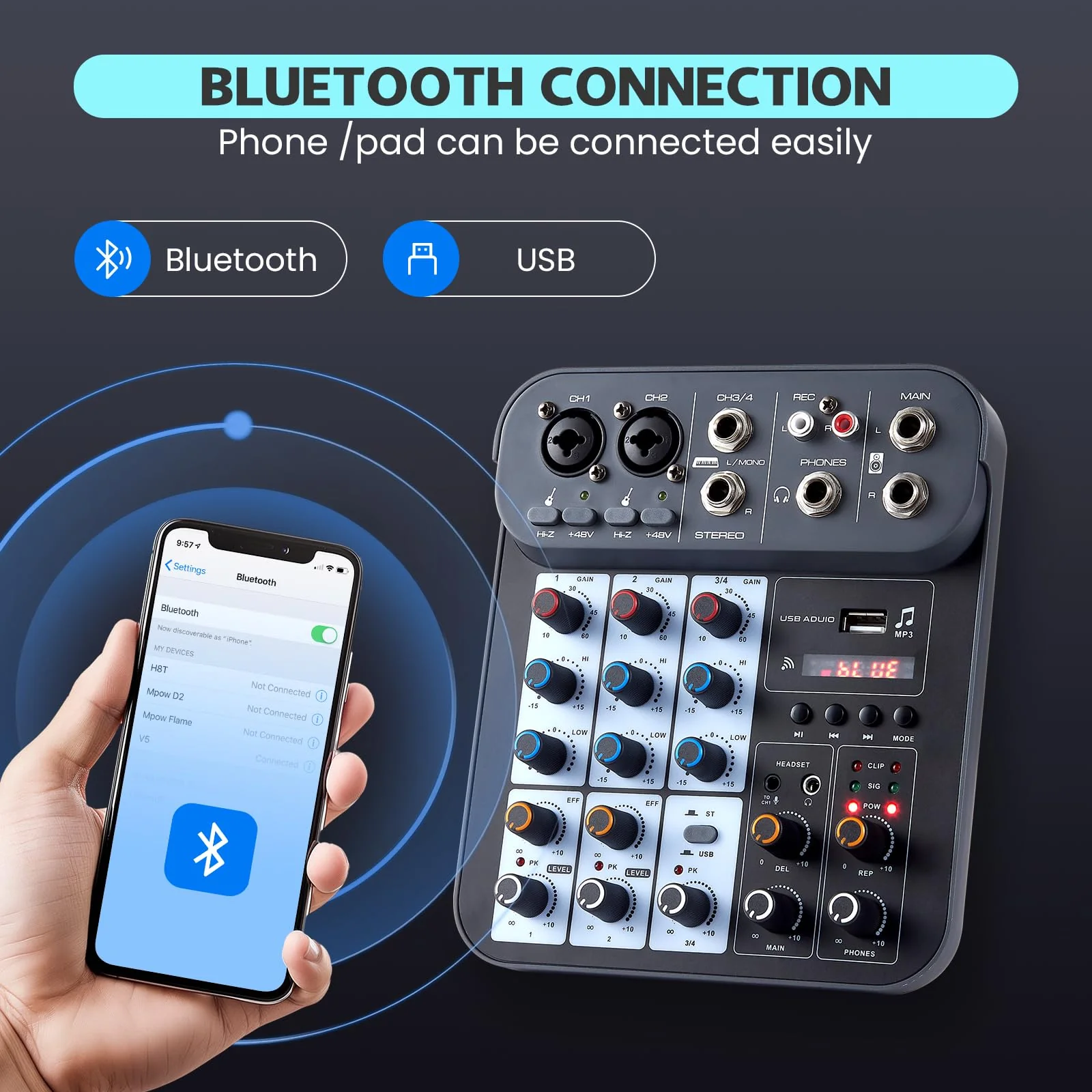 4 Channel DJ Audio Mixer, DJ Mixers Sound Board, Sound Mixer Board XLR 1/4" Interface, BT USB MP3 Computer Input 48V Phantom Power Stereo Karaoke DJ Studio Streaming KTV Stage G4B - Image 4