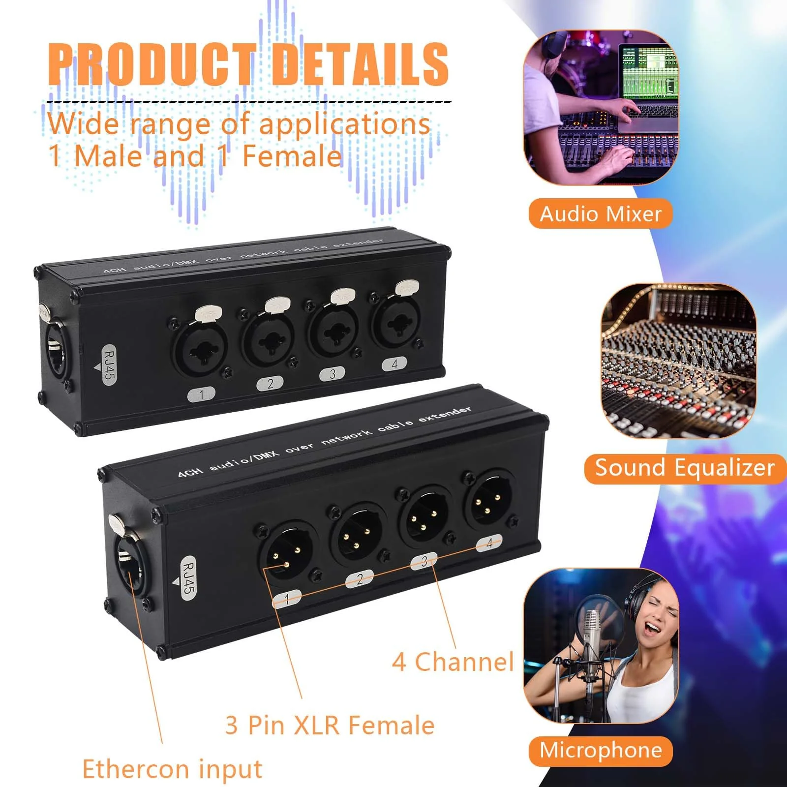 4-Channel DMX XLR to Ethernet Extender, 3-Pin XLR Male/Female & Ethercon Adapter, Cat5/Cat6/Cat7 Network Cable Converter (1 Pair: Male + Female) | Long-Distance Audio Signal Transmission XLR-XLR/6.35mm - Image 3