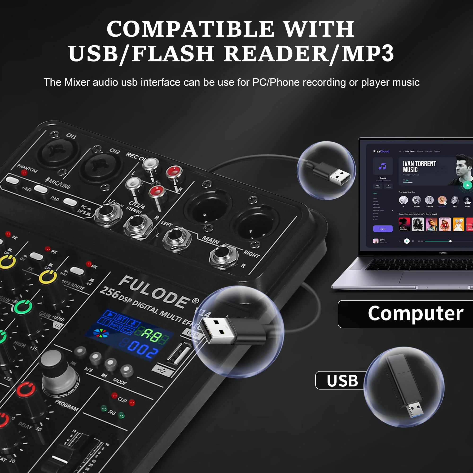 4 Channel Mixer DJ Audio Mixing Console with 256DSP, Small Music Sound Mixer Board Supports USB Bluetooth MP3 Computer Input, 48V Phantom Power & PAD Function for Recording Studio Streaming V14 - Image 3