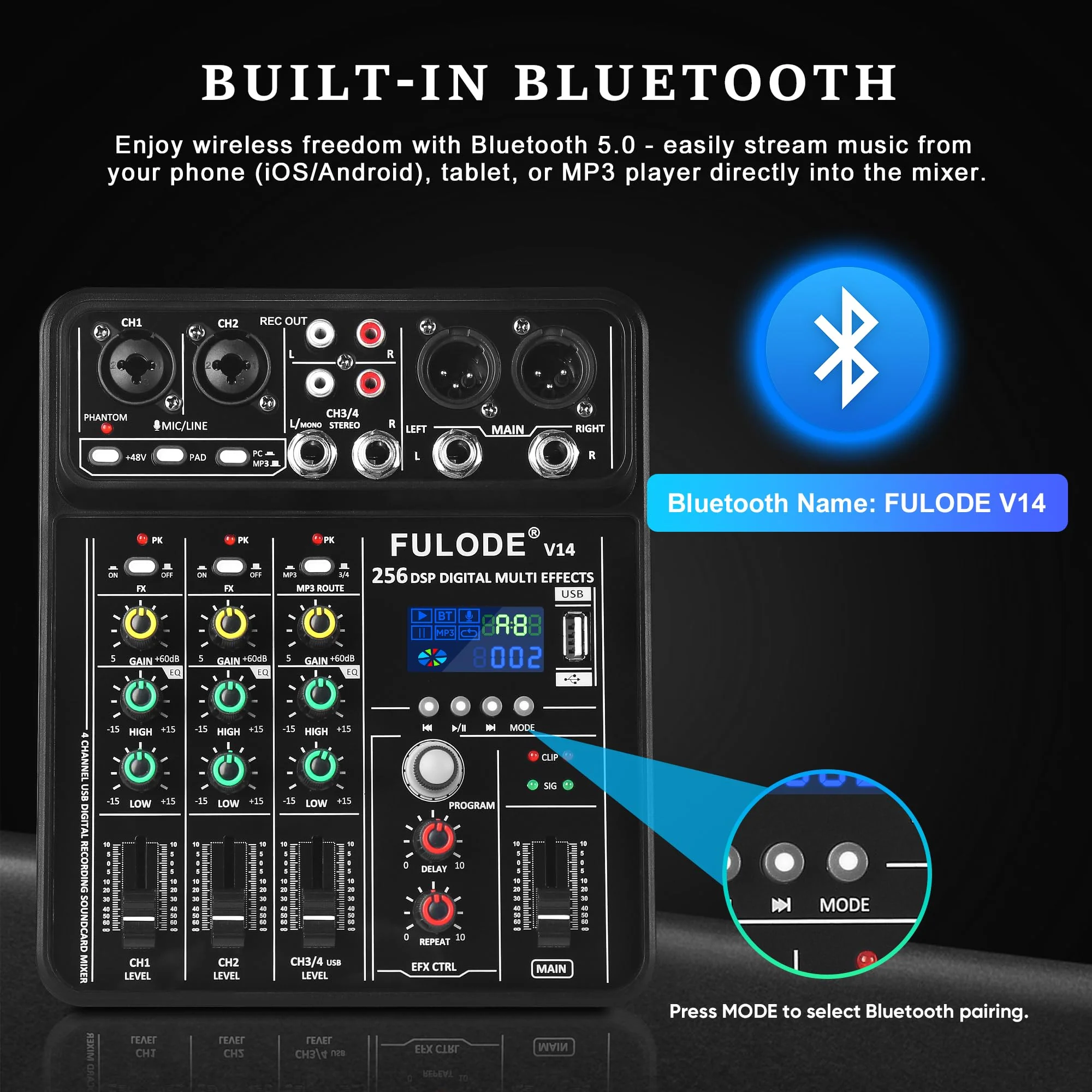 4 Channel Mixer DJ Audio Mixing Console with 256DSP, Small Music Sound Mixer Board Supports USB Bluetooth MP3 Computer Input, 48V Phantom Power & PAD Function for Recording Studio Streaming V14 - Image 4