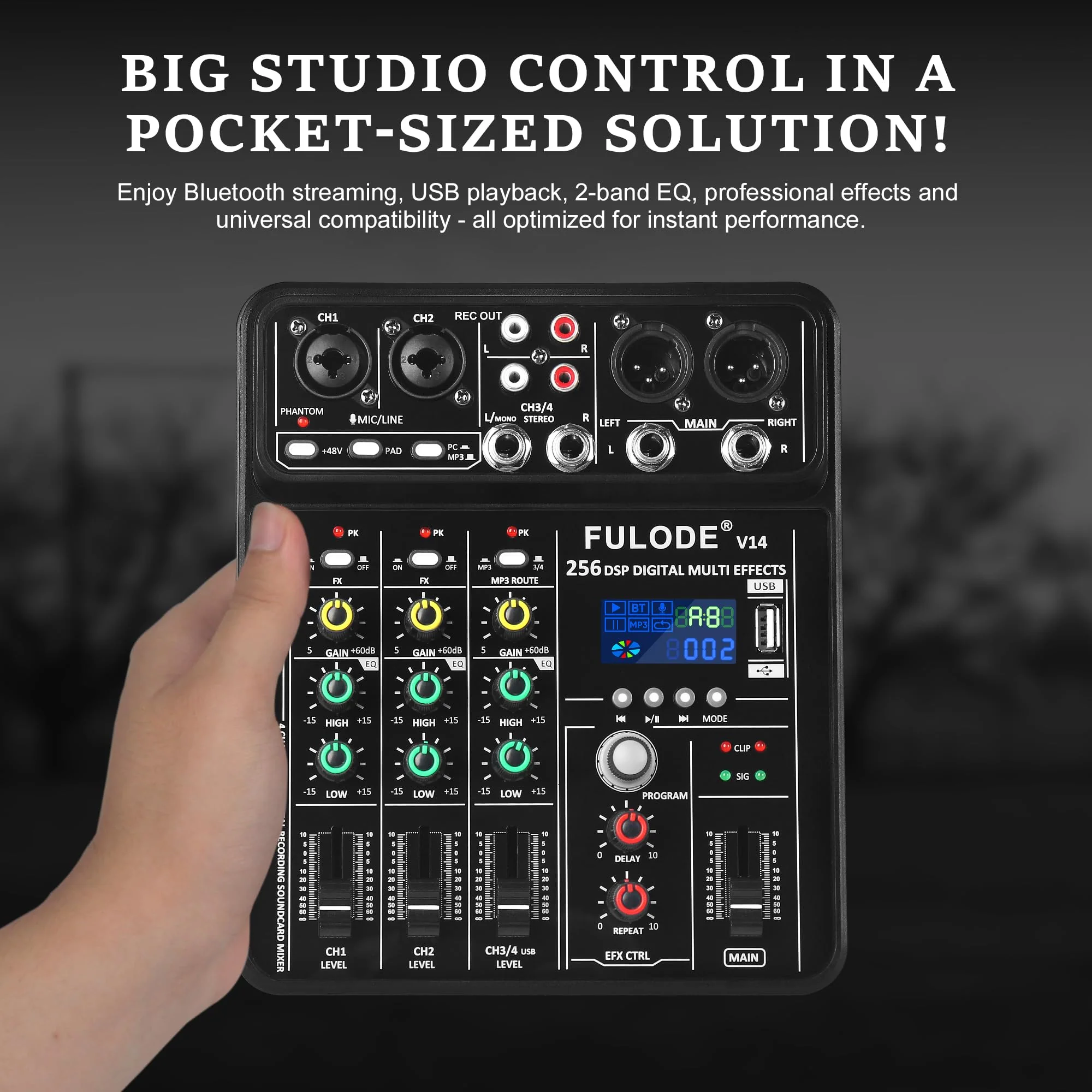 4 Channel Mixer DJ Audio Mixing Console with 256DSP, Small Music Sound Mixer Board Supports USB Bluetooth MP3 Computer Input, 48V Phantom Power & PAD Function for Recording Studio Streaming V14 - Image 5