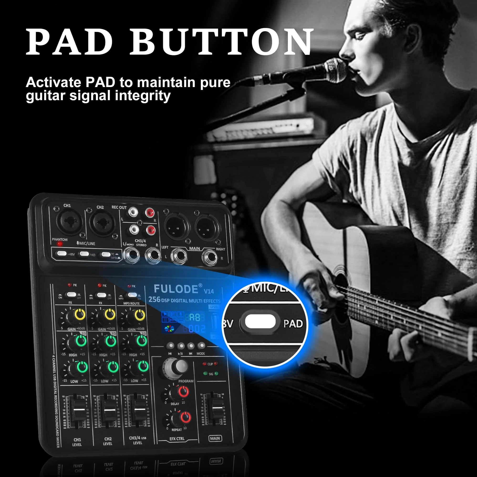 4 Channel Mixer DJ Audio Mixing Console with 256DSP, Small Music Sound Mixer Board Supports USB Bluetooth MP3 Computer Input, 48V Phantom Power & PAD Function for Recording Studio Streaming V14 - Image 6