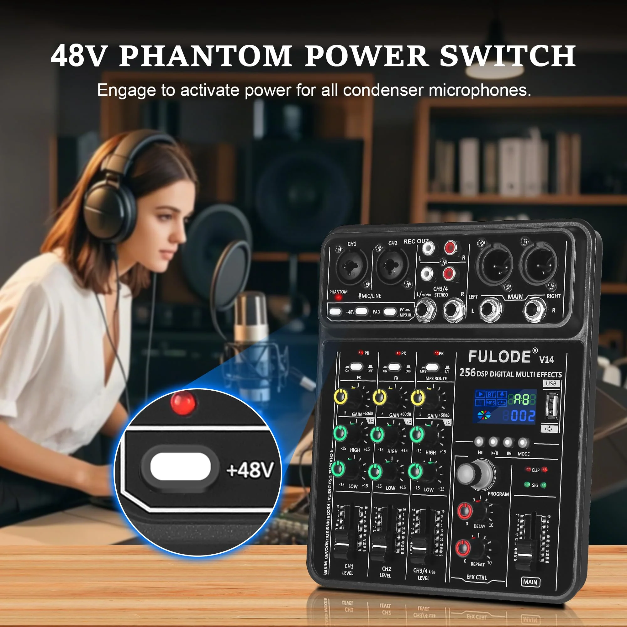 4 Channel Mixer DJ Audio Mixing Console with 256DSP, Small Music Sound Mixer Board Supports USB Bluetooth MP3 Computer Input, 48V Phantom Power & PAD Function for Recording Studio Streaming V14 - Image 7